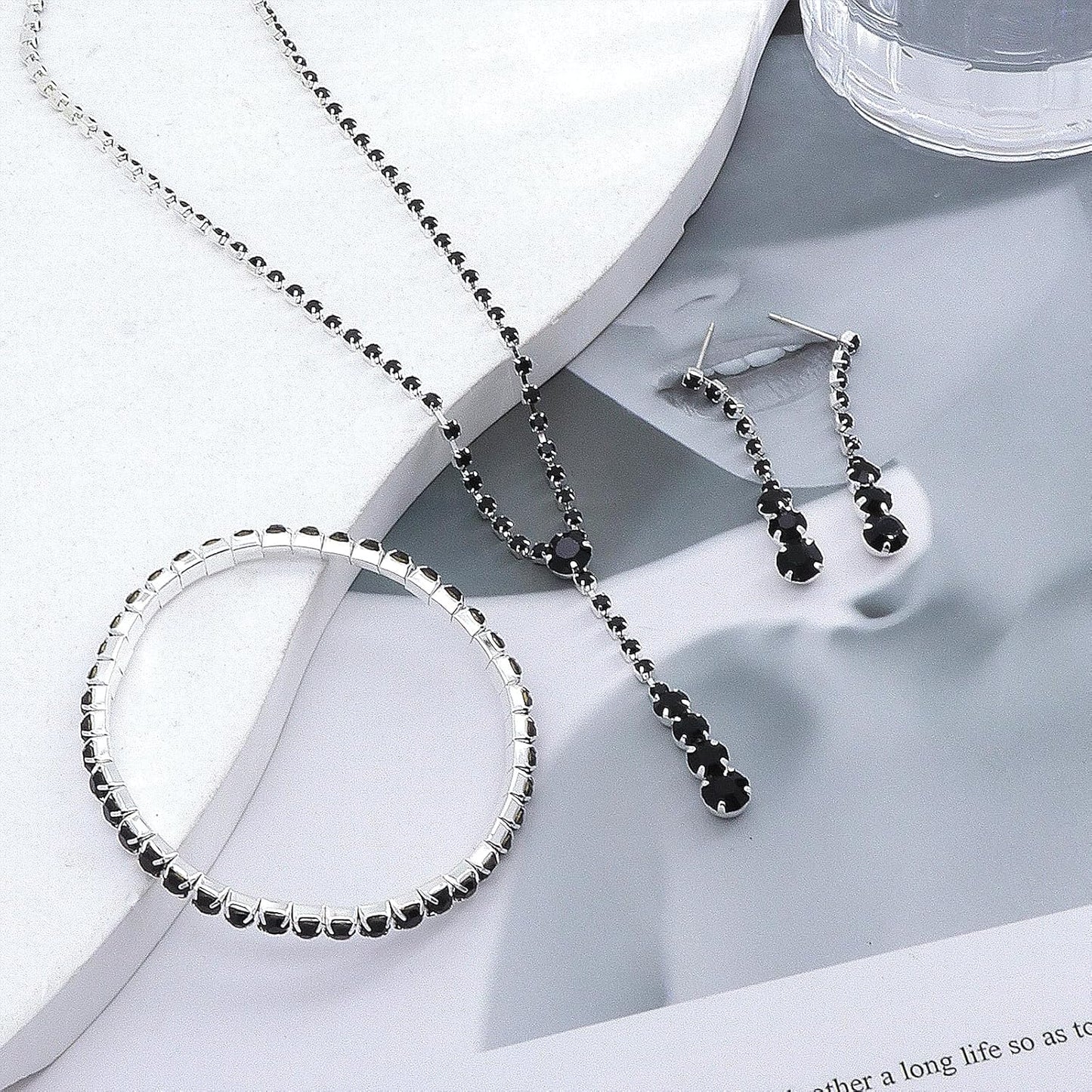 GIGB PBDK Dainty Silver Jewelry Set Crystal Rhinestone Pendant Necklace Bracelet Earrings Trendy Bridal Wedding Prom Dresses Costume Jewelry Sets for Women Wife