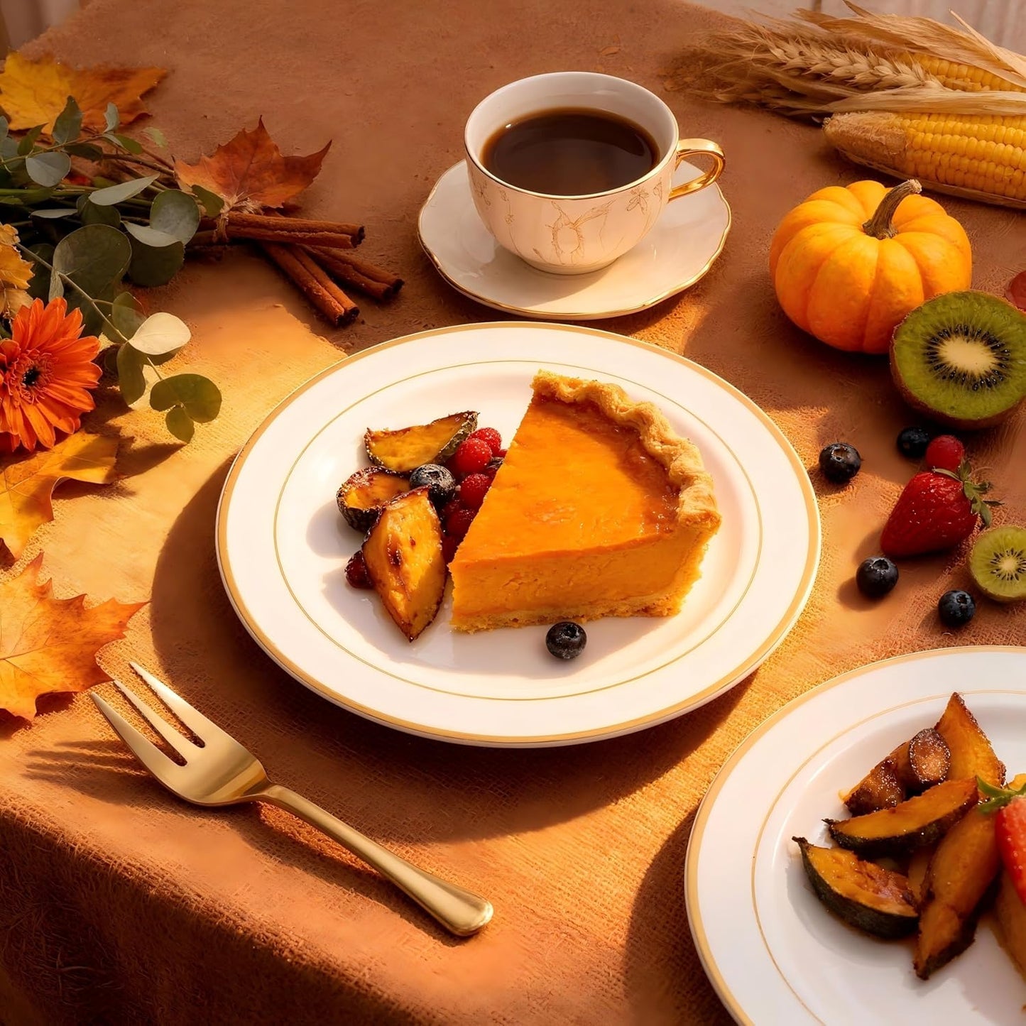 WELLIFE 120 PCS Plastic Dessert Plates and 120 PCS Forks, 6.3 inch Disposable Salad Plate, Premium White Appetizer Plates with Gold Rims Perfect for Parties, Weddings