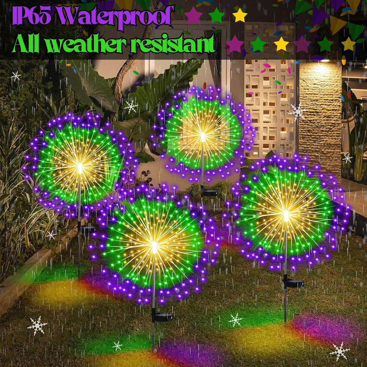 4 Pack Christmas Solar Firework Lights Decorations Garden Pathway Solar Power Light Stake Waterproof Landscape Lamp with 180 LED 8 Modes for Christmas Party Decoration(Green, Yellow, Purple)