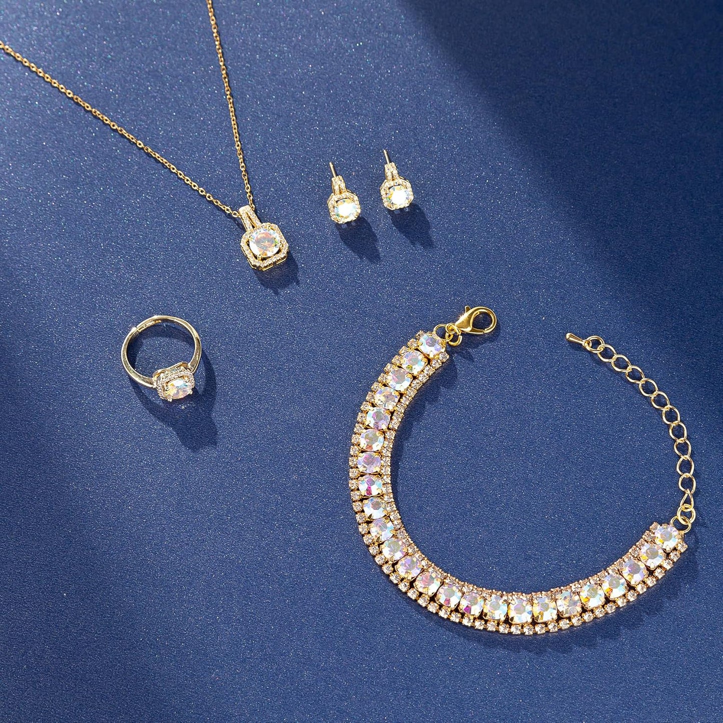 4pcs Cubic Zirconia Wedding Jewelry Sets for Bride Bridesmaid Cubic Zirconia Pendant Necklace Earrings Link Tennis Bracelet Open Ring Set for Women