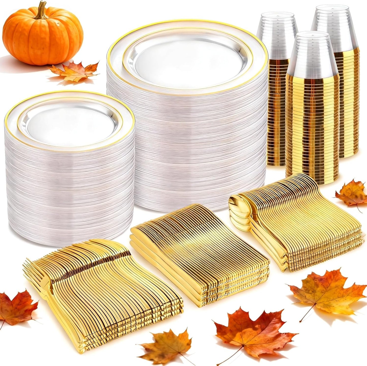 bUCLA 600PCS Clear Plates with Gold Trim - Clear Gold Dinnerware Set Disposable Include 100 Dinner/100 Dessert Plates, 100 Knives, 100 Forks, 100 Spoons, 100 Cups for Wedding, Party & Thanksgiving