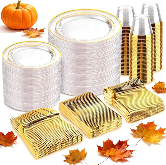 bUCLA 600PCS Clear Plates with Gold Trim - Clear Gold Dinnerware Set Disposable Include 100 Dinner/100 Dessert Plates, 100 Knives, 100 Forks, 100 Spoons, 100 Cups for Wedding, Party & Thanksgiving