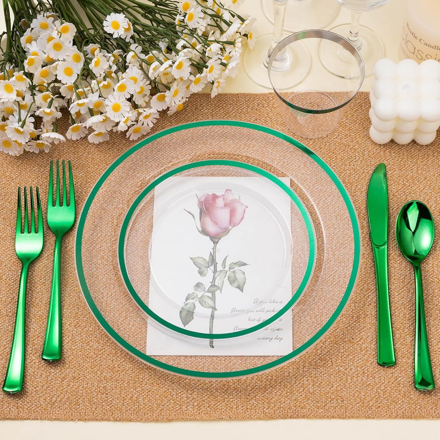 200PCS Green and Clear Plastic Plates, Green Disposable Plate Set with 100 Dinner Plates and 100 Dessert Plate for Party, St. Patrick's Day