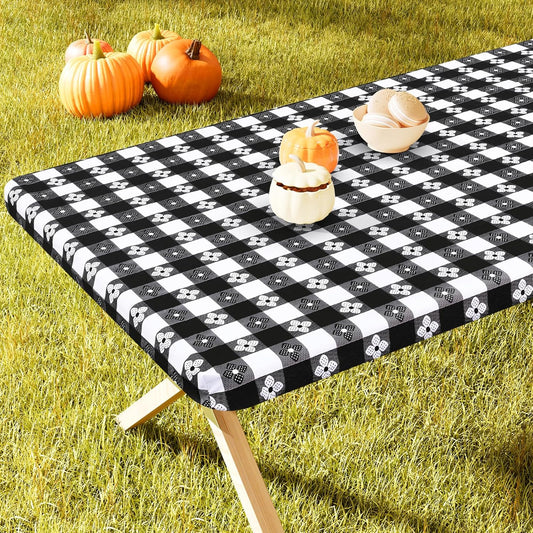 Rectangle Vinyl Table Cloth, Waterproof Elastic Fitted Tablecloth with Flannel Backing, Plastic Table Cover for Picnic, Camping, Outdoor (Black & White, 30"x60")