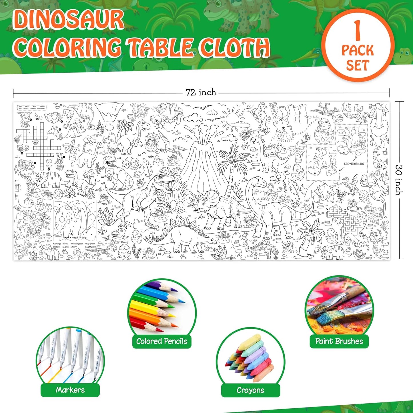 Dinosaur Coloring Tablecloth for Kids, Jumbo 30x72 Inch Poster with Dinosaurs, Volcanoes, Perfect for Boy Birthday Party Games, Decorations, Classroom Activities, Celebration Supplies