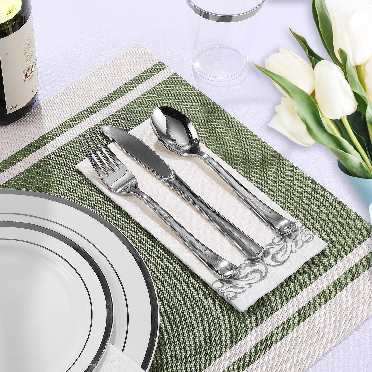 FOCUSLINE 175 Count Silver Dinnerware Set for 25 Guests - Silver Rimmed Disposable Plastic Plates Heavy Duty, Includes 25 Dinner & Salad Plates, Cups, Cutlery Set for Wedding Parties