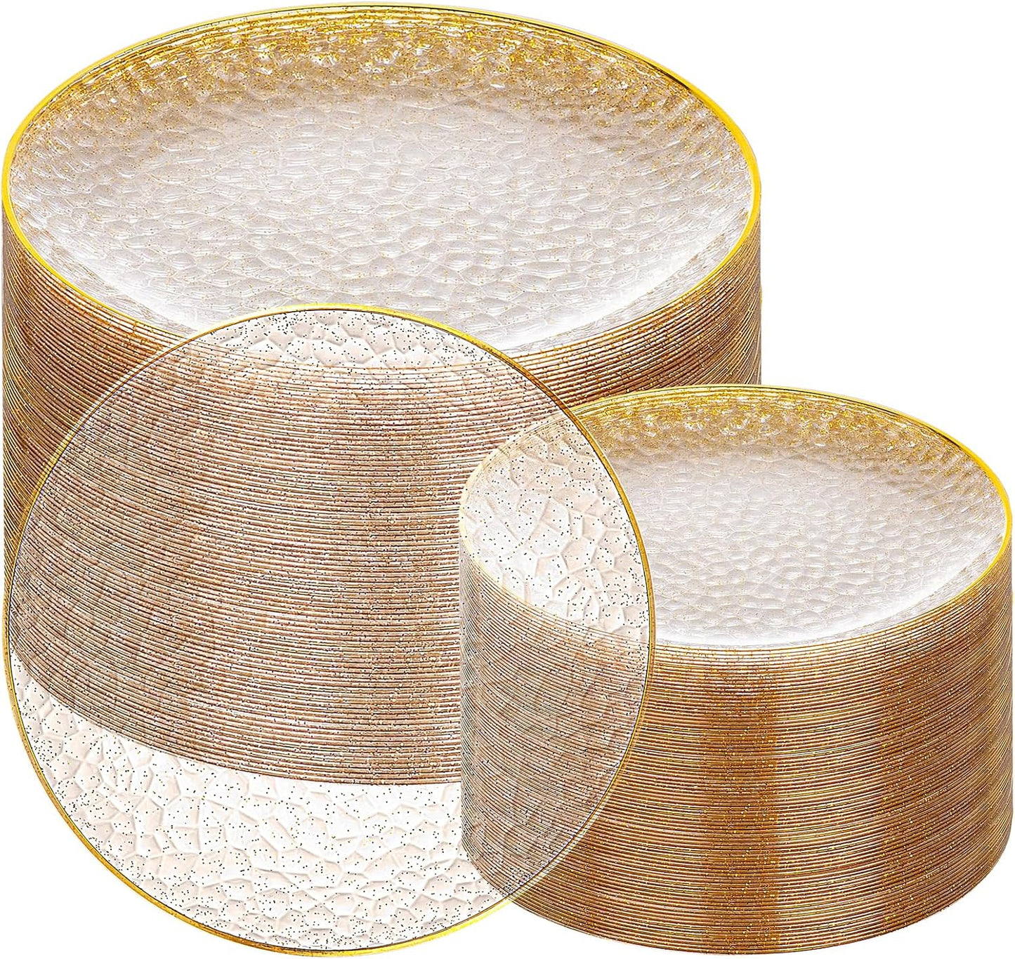 Rubtlamp 100Pcs Clear Gold Plastic Plates, Gold Glitter Disposable Plates, Hammered Plastic Plates Included 50 Dinner Plate And 50 Dessert Plate for Weddings Party Birthday
