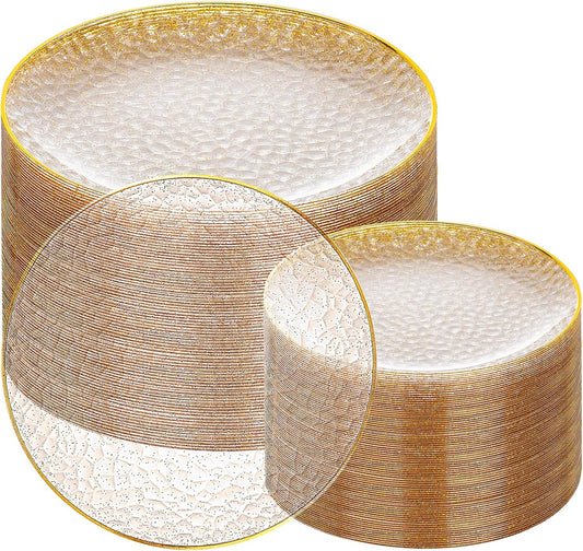 Rubtlamp 100Pcs Clear Gold Plastic Plates, Gold Glitter Disposable Plates, Hammered Plastic Plates Included 50 Dinner Plate And 50 Dessert Plate for Weddings Party Birthday