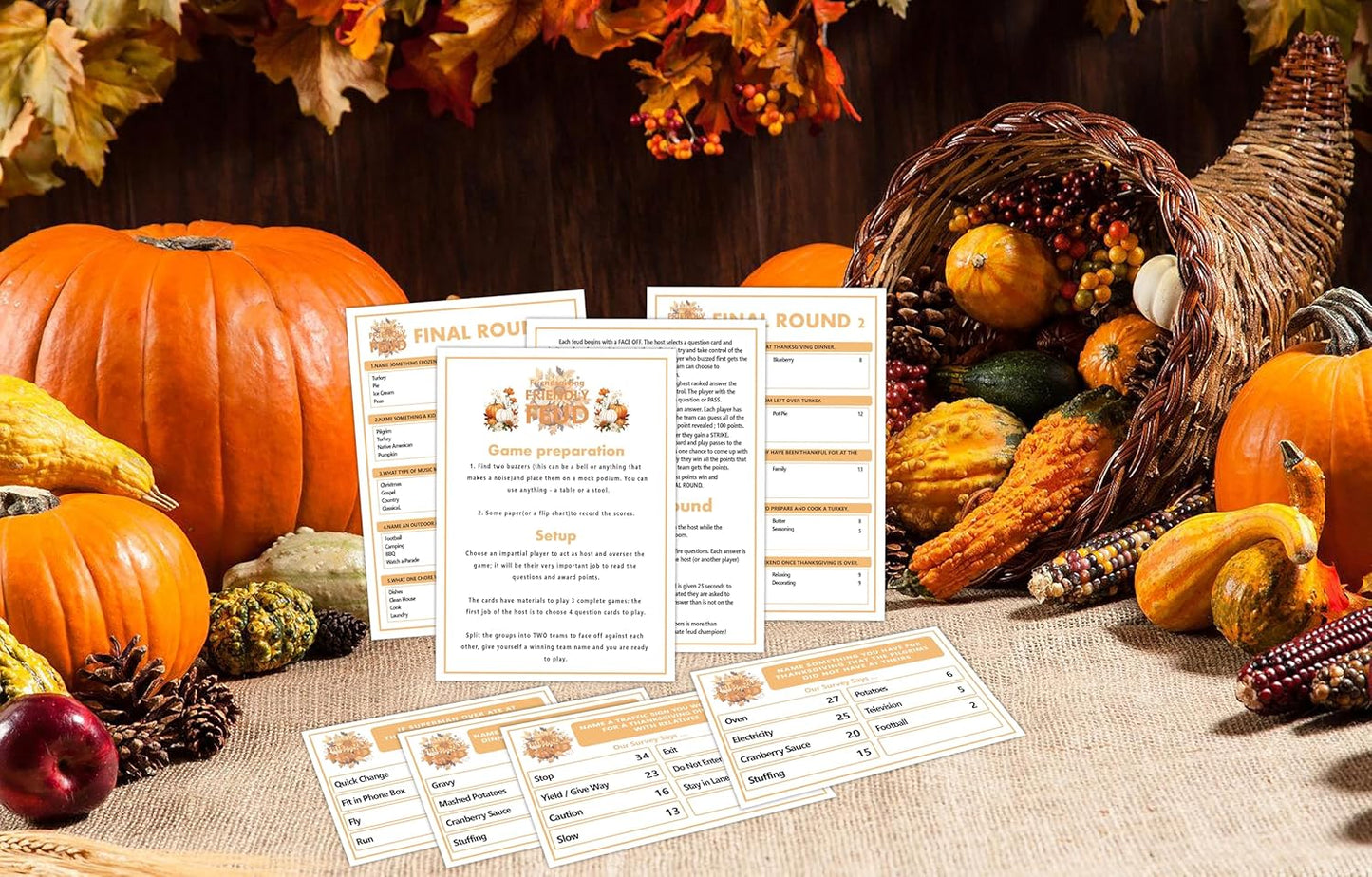 Thanksgiving Friendly Family Feud Game, Feud Trivia Quiz, Baby Shower Game for Family Activity (12 Question Cards & 3 Final Round Cards) Thanksgiving Games for Family Party Decorations Supplies-SG3