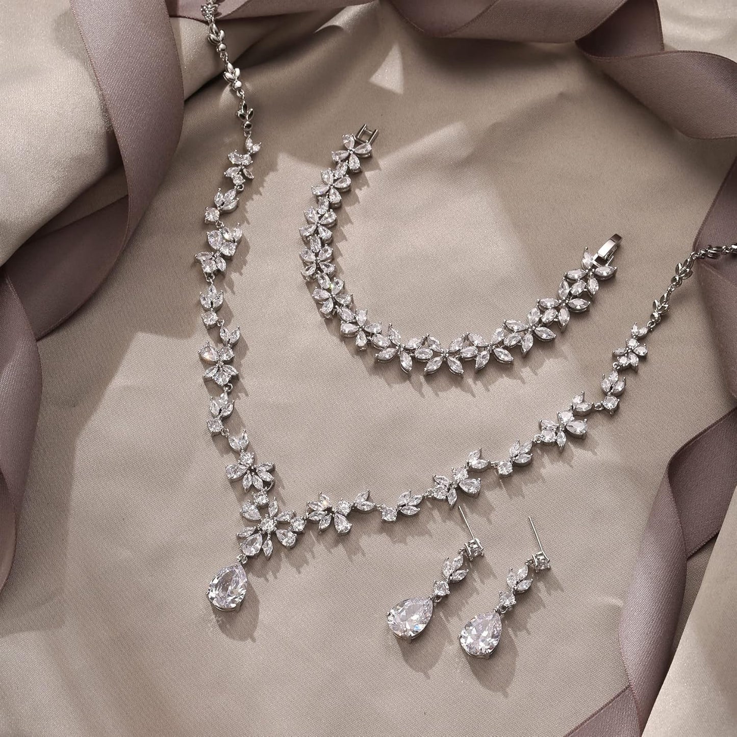 EVER FAITH Bridal Jewelry Set for Bride Bridesmaid, Flower Leaf Teardrop Cubic Zirconia Necklace Dangle Earrings Bracelet Sets Wedding Party for Women