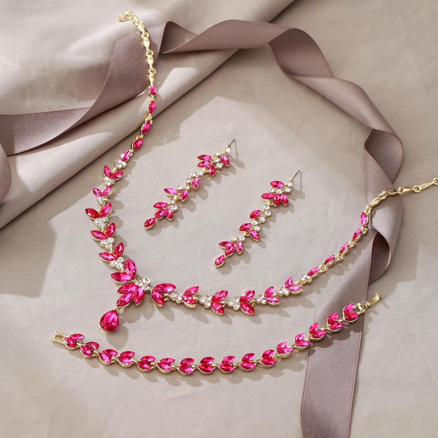 EVER FAITH Austrian Crystal Bridal Bridesmaid Jewelry Sets, Elegant Marquise Rhinestone Leaf Necklace Dangle Earrings Tennis Bracelet Set for Women