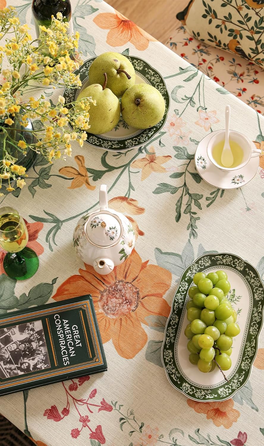 French Small Tablecloth for Rectangle Table,Linen Orange Floral Wrinkle Resistant Tablecloths,Decorative Table Cover for Kitchen,Dining,Tea Party,Thanksgiving,Christmas,55"*71"-Milch