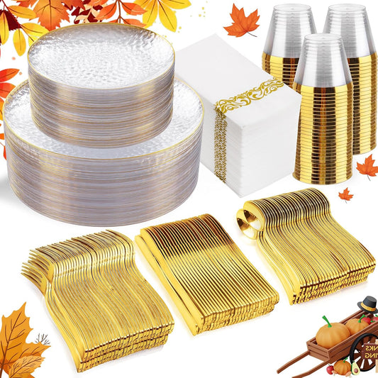 Rubtlamp 350 Pcs Clear Gold Plastic Plates, Hammered Disposable Dinnerware, Clear-Gold Plates Set Include 100 Plastic Platos, 150 Gold Disposable Silverware, 50 Cups And 50 Napkins for Thanksgiving