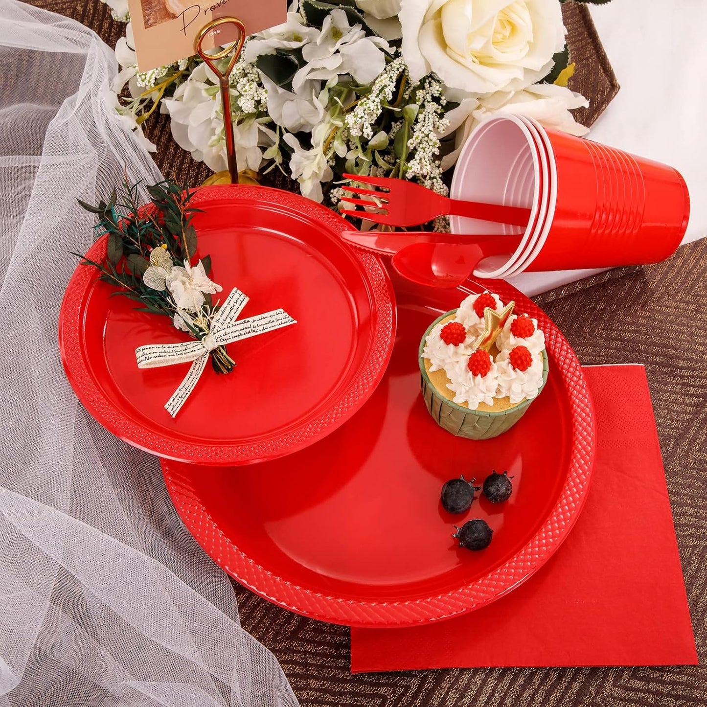 MirthMood 350PCS Red Disposable Plastic Plates,Red Dinnerware Set Includes 50 Dinner Plates, 50 Salad Plates, 50 Sets of Silverware, 50 Napkins and 50Pcs 12OZ Plastic Cups