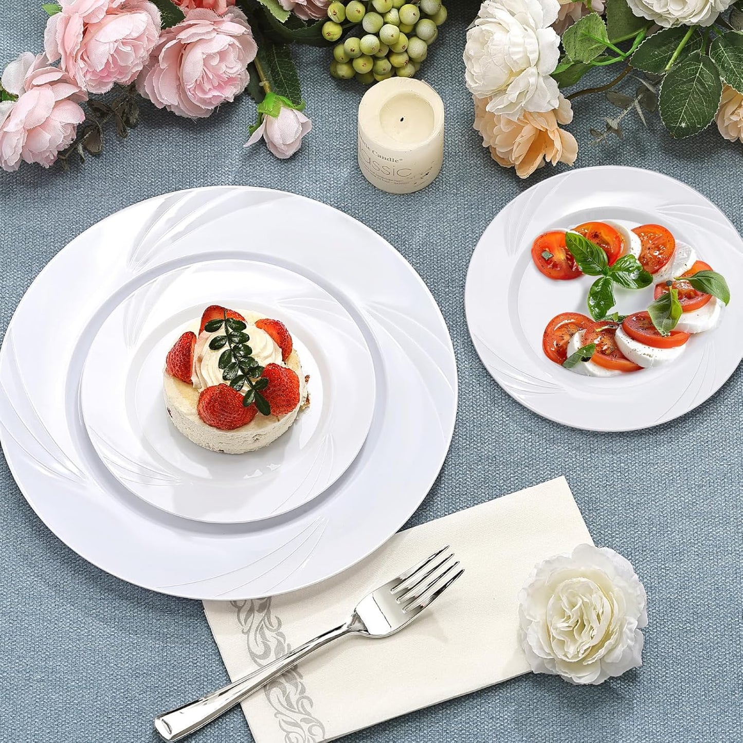 700-Piece White Swirls Plastic Dinnerware Set for 100 Guests, Elegant Disposable Dinnerware for Party, Wedding. Includes 10.25" Dinner Plates, 6.5" Dessert Plates, Silverware, Napkins, Cups