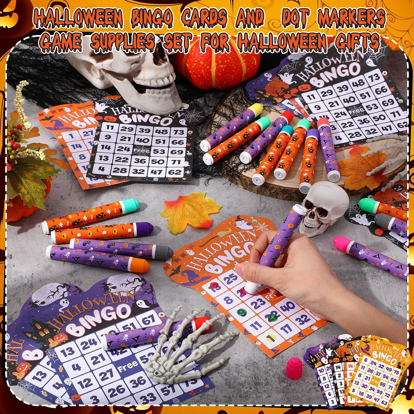 Eersida 192 Pack Halloween Bingo Game Cards and 0.4 oz Dot Daubers Set Includes 144 Bingo Cards and 48 Dot Markers Game Supplies set for Halloween Gifts Party Favor Supplies Family Casino Play Night