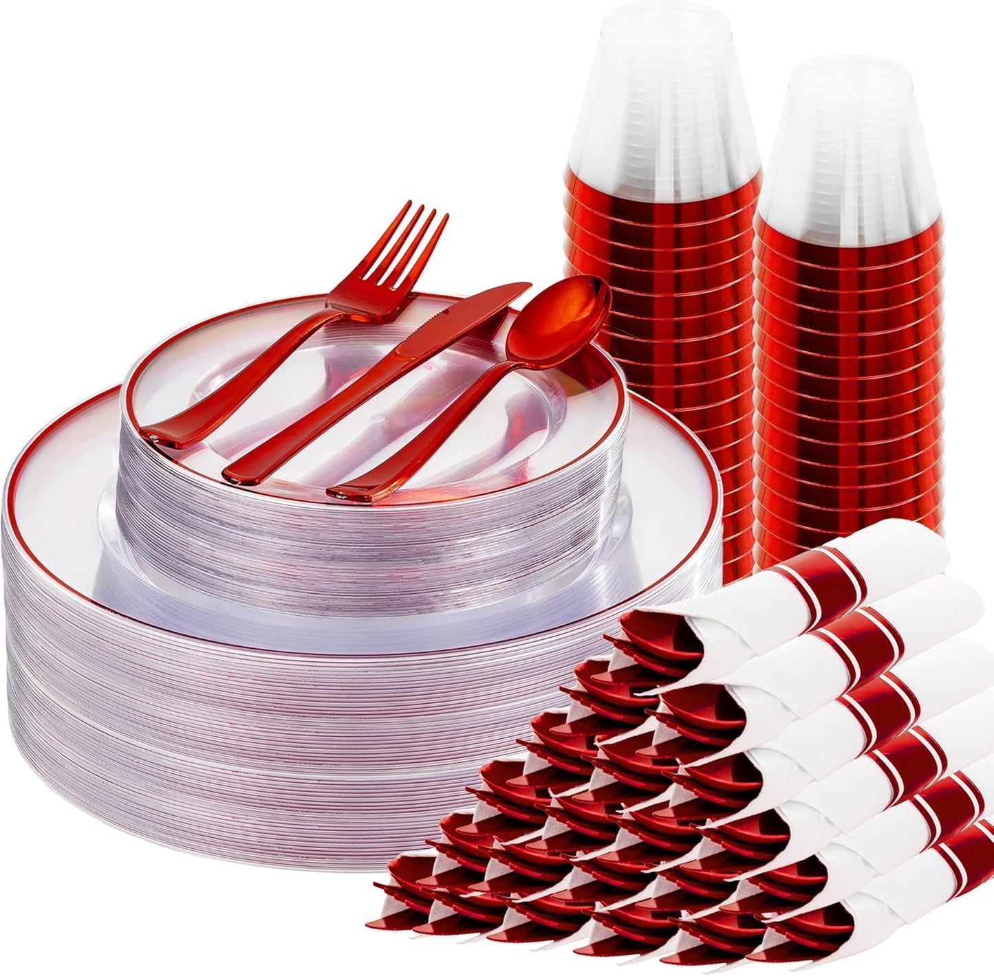 SUT 175 Pcs Red and Clear Plastic Dinnerware Set for 25 Guests, Include: 25 Dinner Plates, 25 Dessert Plates, 25 Pre Rolled Napkins With Silverware, 25 Cups, Disposable Plates for Party, Christmas