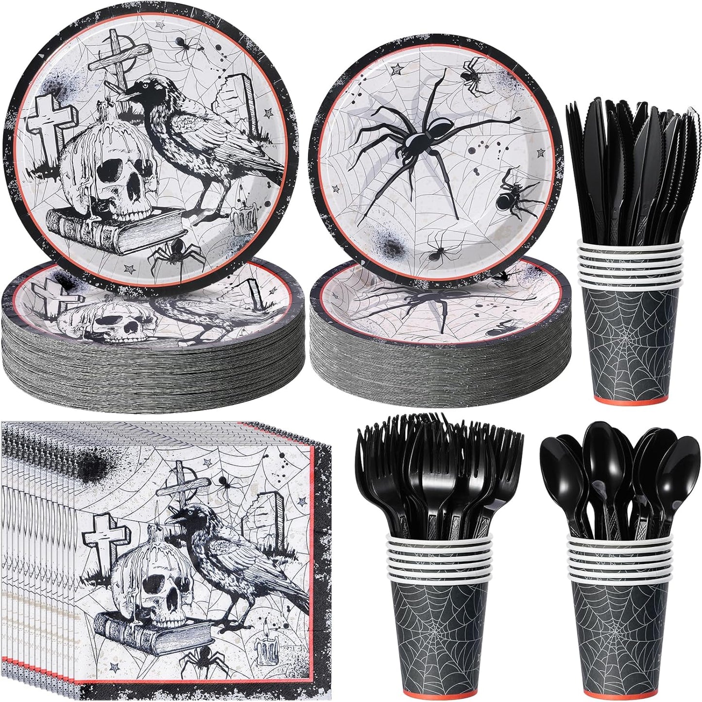 Halloween Party Plates Supplies,Disposable Vintage Skull,Spider Web Tableware Paper Plates and Napkins Cups Knives Spoons Forks for Halloween Birthday Baby Shower Party Decorations,Serve 50 Guests
