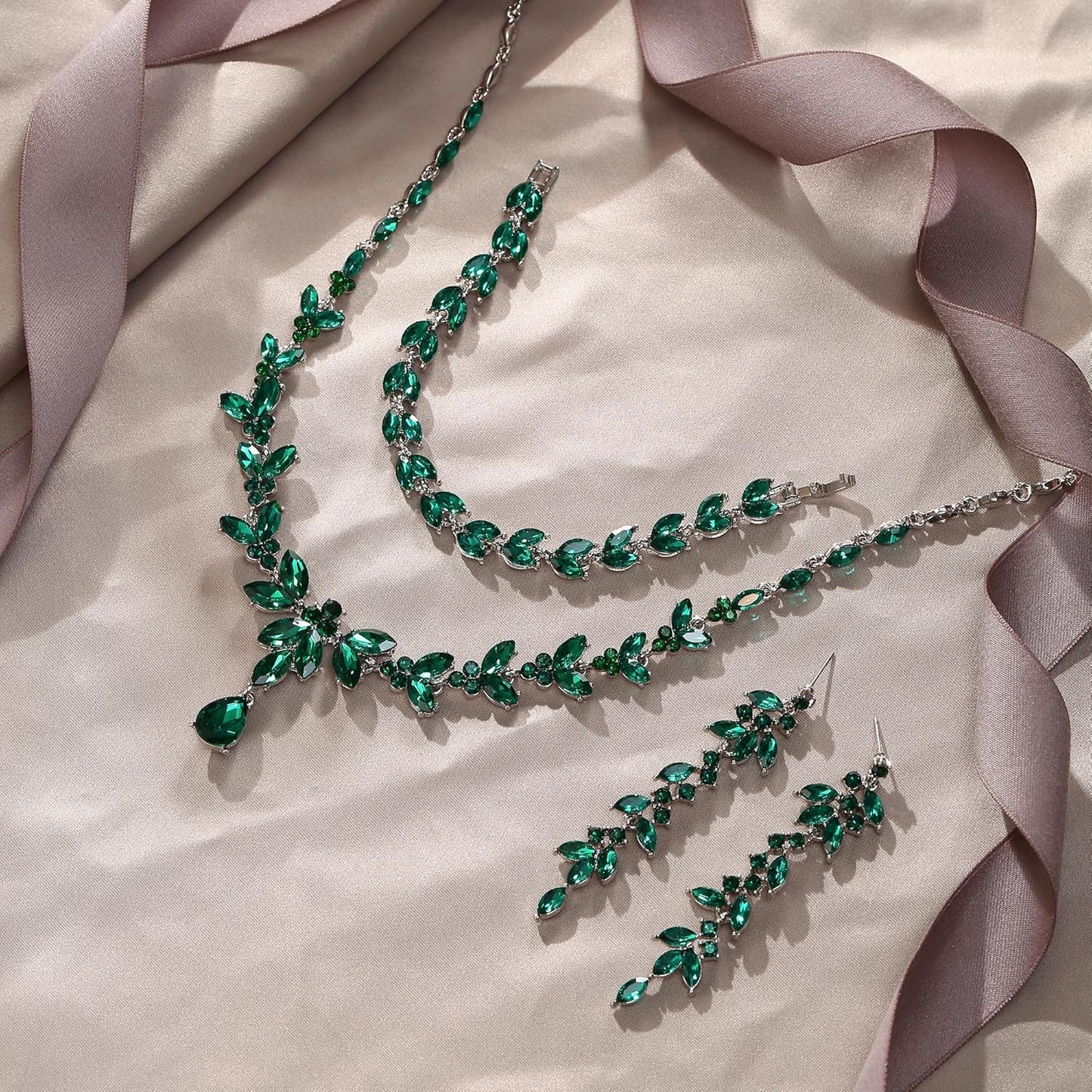 EVER FAITH Austrian Crystal Bridal Bridesmaid Jewelry Sets, Elegant Marquise Rhinestone Leaf Necklace Dangle Earrings Tennis Bracelet Set for Women