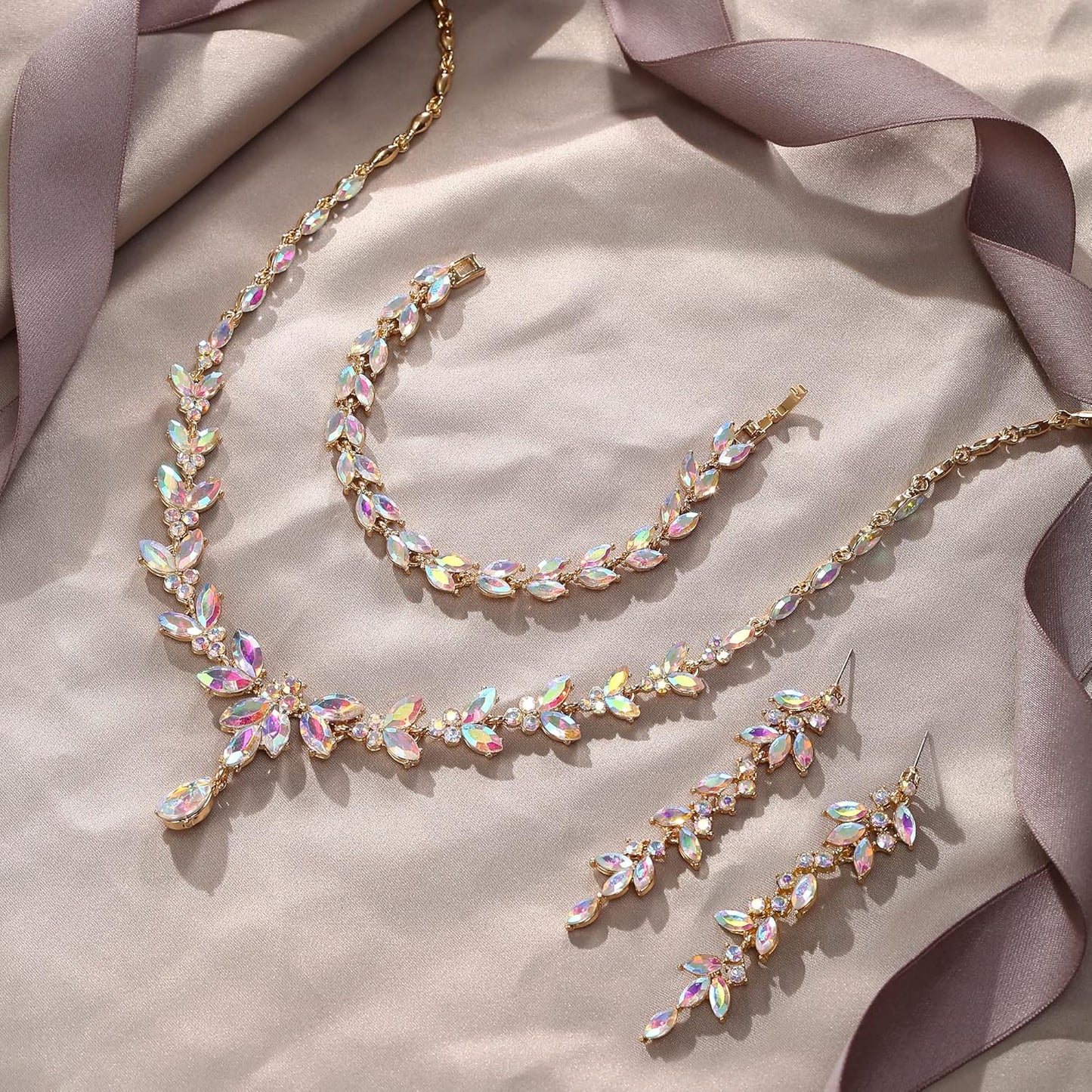 EVER FAITH Austrian Crystal Bridal Bridesmaid Jewelry Sets, Elegant Marquise Rhinestone Leaf Necklace Dangle Earrings Tennis Bracelet Set for Women