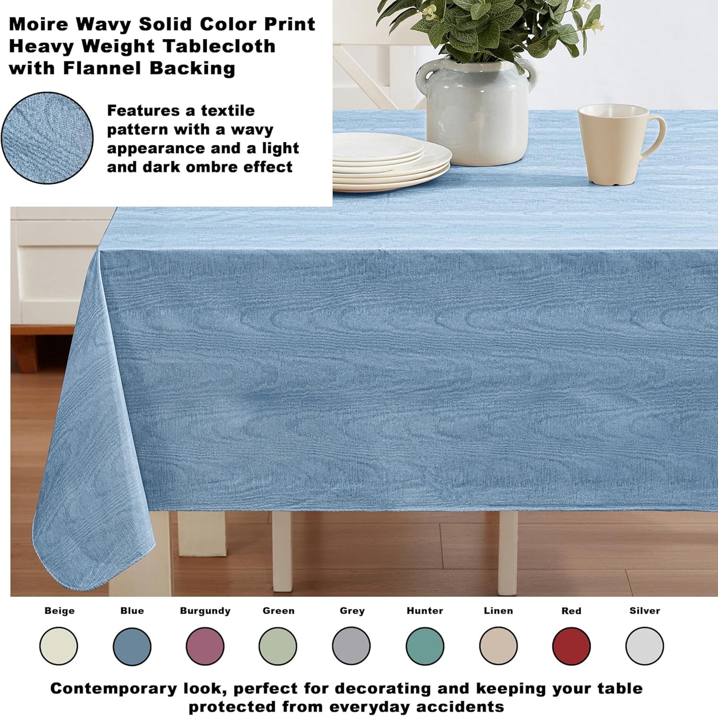 Newbridge Vinyl Flannel Backed Tablecloth, 52 x 52 Inch Square, Blue Moire Wavy Solid Design, Heavyweight Indoor Outdoor Waterproof Table Cover, Easy Care Wipe Clean