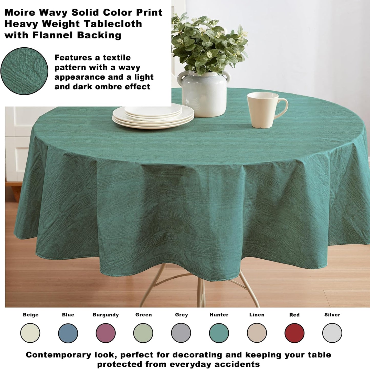 Newbridge Vinyl Flannel Backed Tablecloth, 70 inch Round, Hunter Green Moire Wavy Solid Design, Heavyweight Indoor Outdoor Waterproof Table Cover, Easy Care Wipe Clean