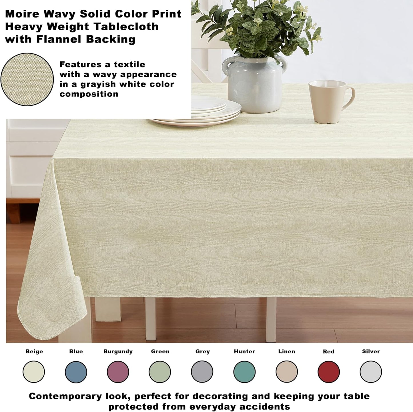 Newbridge Vinyl Flannel Backed Tablecloth, 52 x 70 Inch Rectangle, Beige Moire Wavy Solid Design, Heavyweight Indoor Outdoor Waterproof Table Cover, Easy Care Wipe Clean