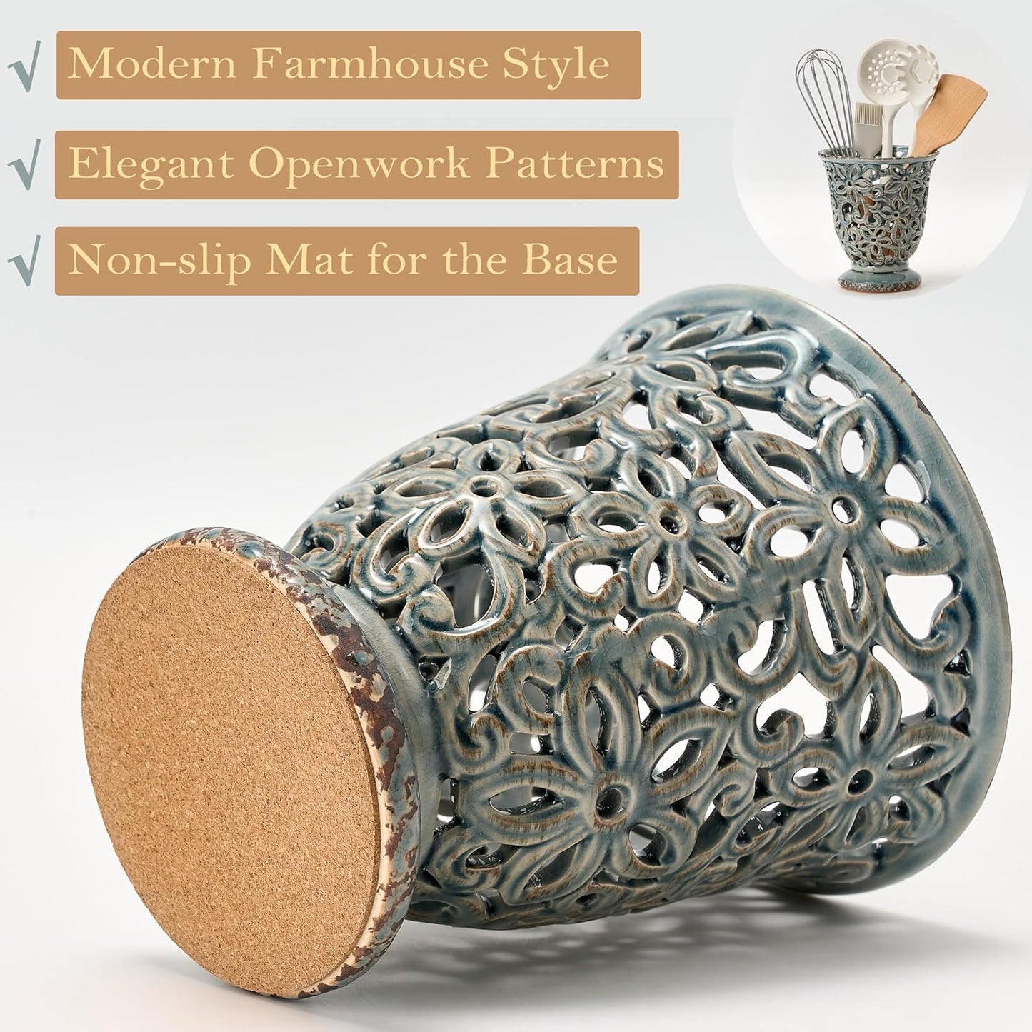 Utensil Holder for Kitchen Counter, Modern Farmhouse Cooking Utensil Holder and Crock Home Kitchen Decor, Ceramic Utensil Organizer for Spatula, Ladle, Eggbeater, Rolling Pin- Grayish Blue, Crackled