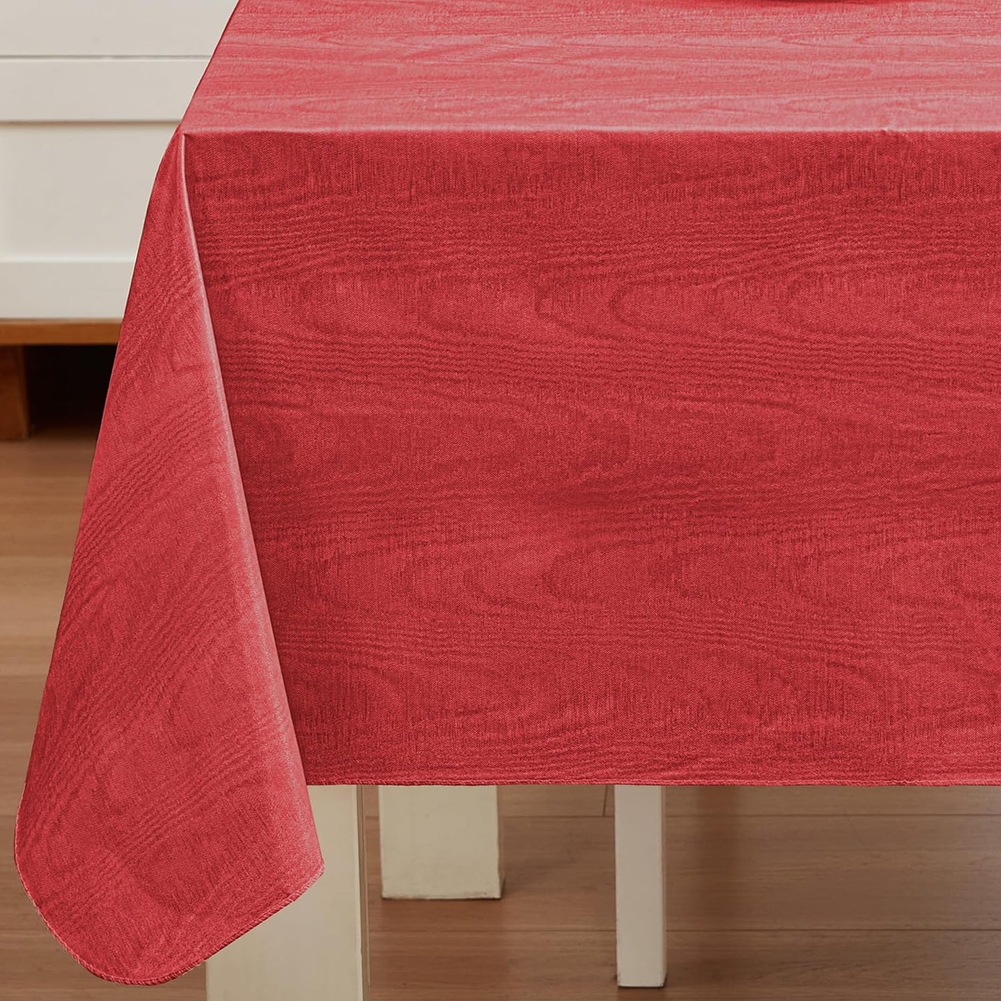 Newbridge Vinyl Flannel Backed Tablecloth, 60 x 84 Inch Rectangle, Red Moire Wavy Solid Design, Heavyweight Indoor Outdoor Waterproof Table Cover, Easy Care Wipe Clean
