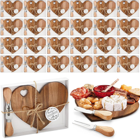 Patelai 24 Set Bridal Shower Favor Heart Cheese Board Cheese Knives Wood Mini Charcuterie Board Thank You Gift Box for Guest Bridal Baby Shower Prize Wedding Birthday Valentines (Acacia Color)