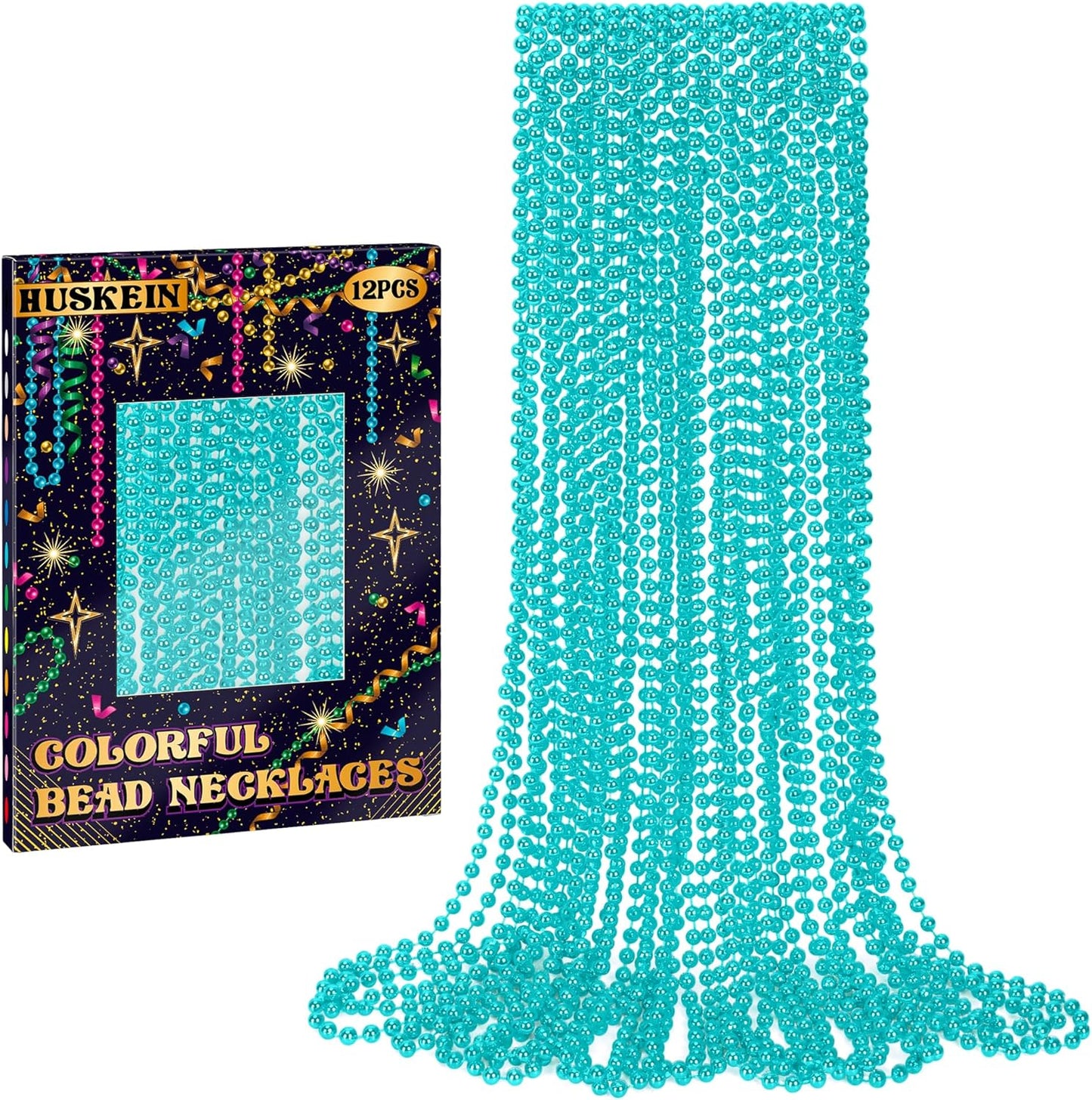 12 PCS Lakeblue Beads Necklaces, 33" Mardi Gras Beads Bulk, Festival Parade Throws Accessories, Round Costume Necklace Kit for Parade Pirate Party Favors Decorations Carnival Masquerade