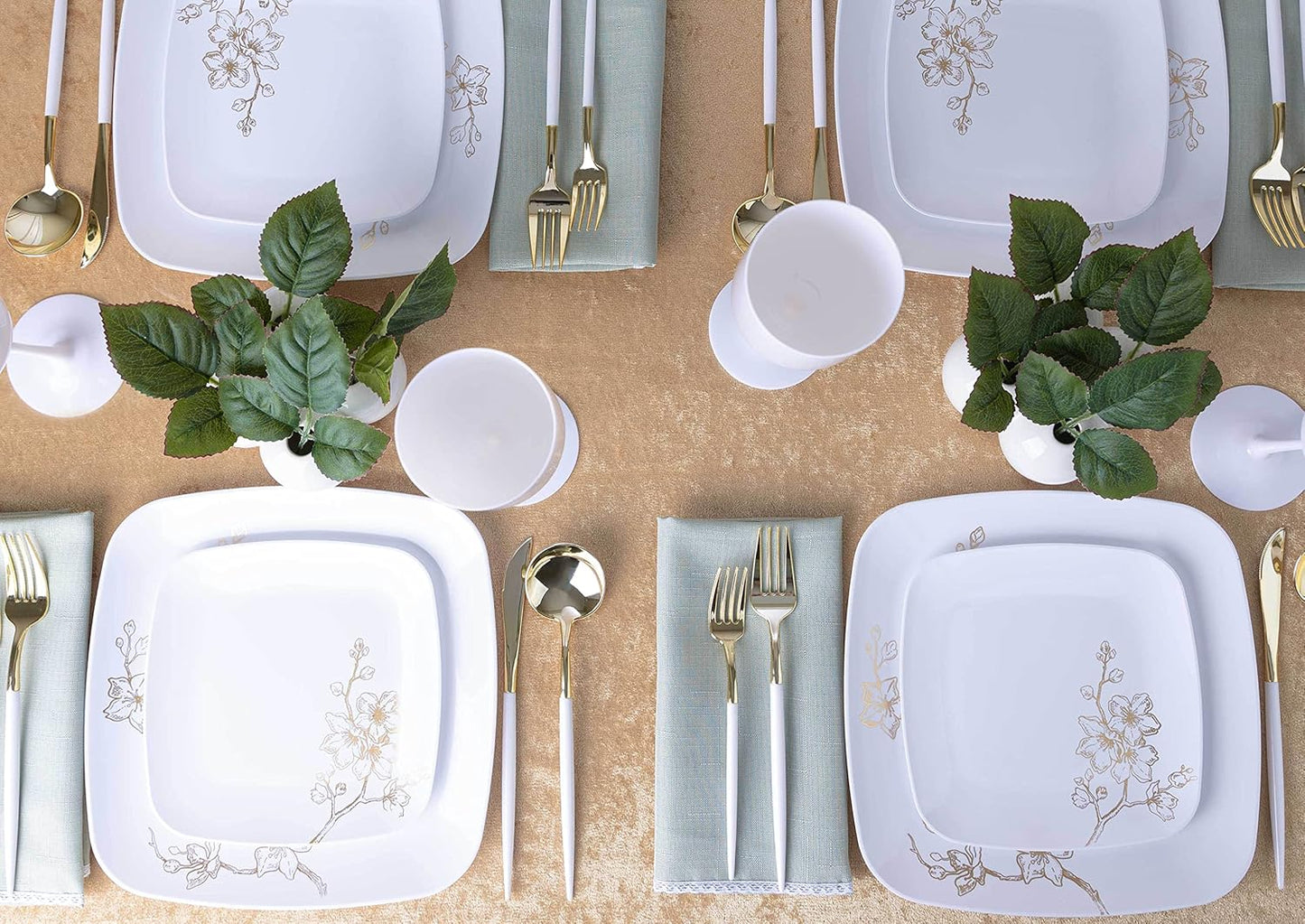 PLASTICPRO Square 64 Piece Combo Plates Set includes 32 x 7'' inch Salad Plates & 32 x 10'' inch Dinner Plates White Plastic Gold Buds Design Party Plates, Premium Disposable, Tableware,