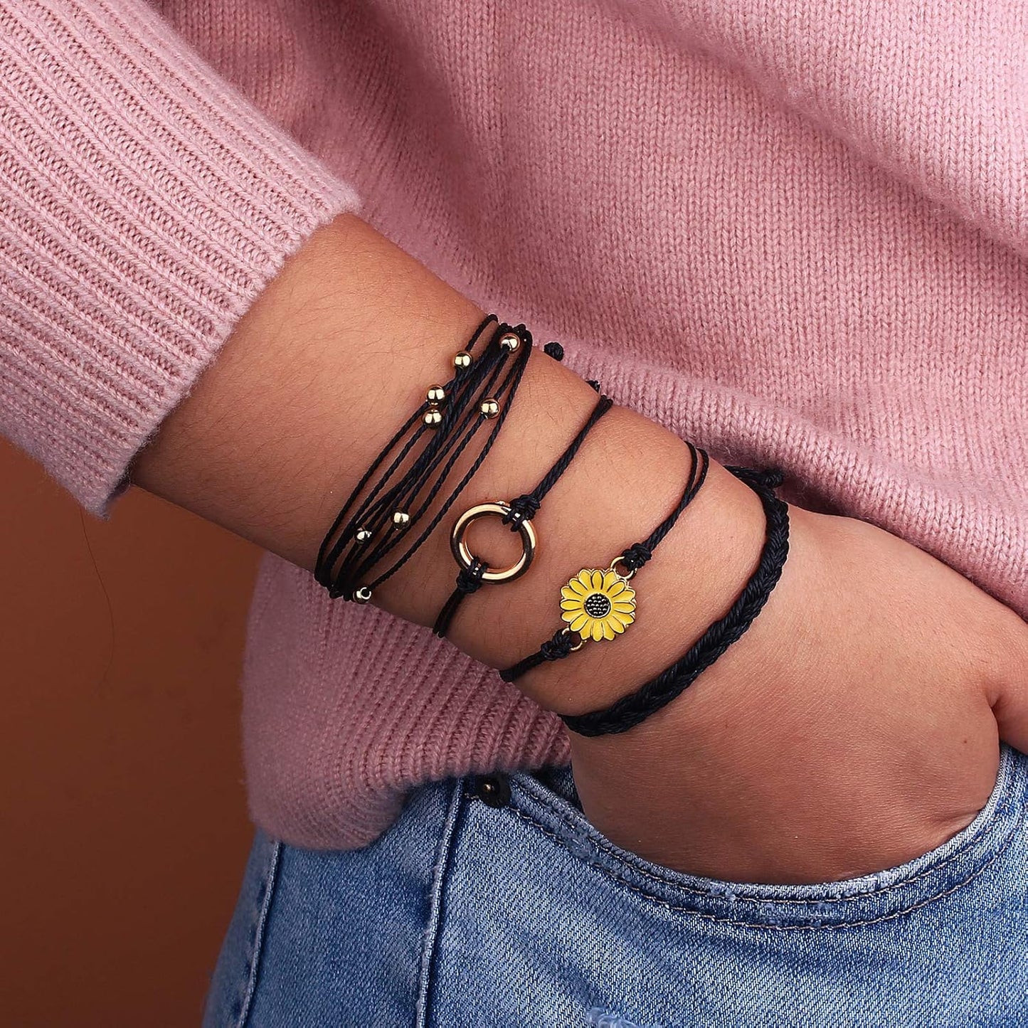 FANCY SHINY Sunflower String Bracelet Boho Braided Rope Wrap Bracelets Cute Summer Beach Surfer Jewelry for Women Christmas Gifts