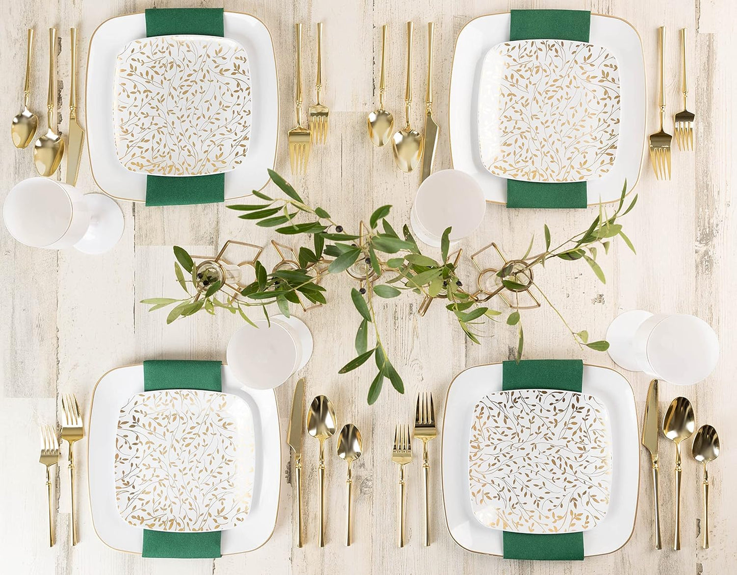 PLASTICPRO Square 128 Piece Combo Plates Set includes 64 x 7'' inch Salad Plates & 64 x 10'' inch Dinner Plates White Plastic With Gold Leafy Design Party Plates, heavyweight Elegant, Dishes,