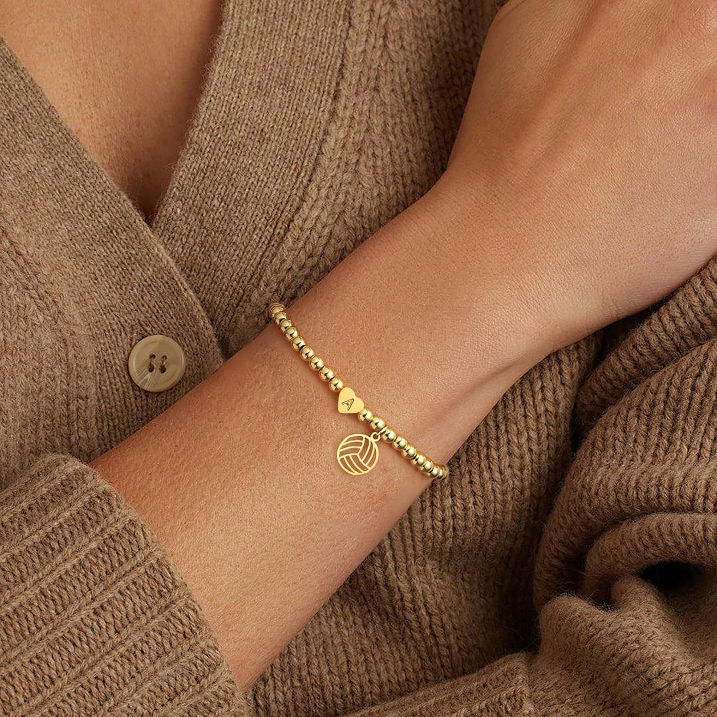 Volleyball Stuff, Volleyball Gifts Stocking Stuffers for Teens Initial Bracelet Adjustable Letter A-Z Gold Beaded Bracelets for Women Heart Link Valentines Day Gift Basket Christmas Graduation Jewelry