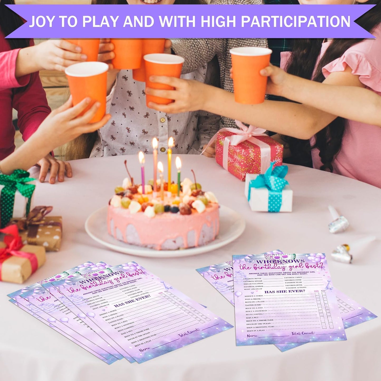 Birthday Party Games Card, Who Knows The Birthday Girl Best, Girls Sleepover Party Supplies for The Girls Card Game, 5x7 Inch Set of 25 Game Cards (Purple, Double-Sided) - A08