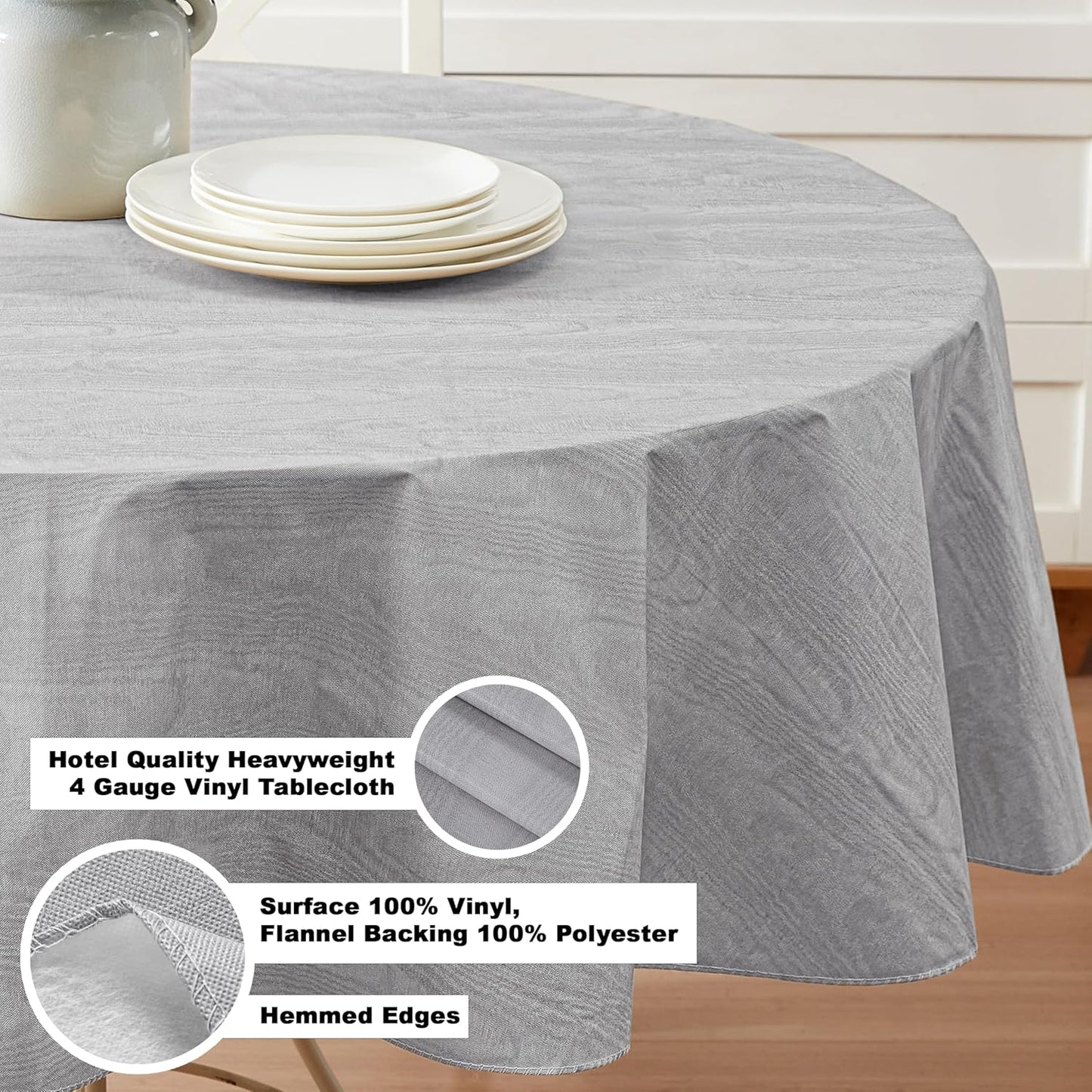 Newbridge Vinyl Flannel Backed Tablecloth, 70 inch Round, Grey Moire Wavy Solid Design, Heavyweight Indoor Outdoor Waterproof Table Cover, Easy Care Wipe Clean