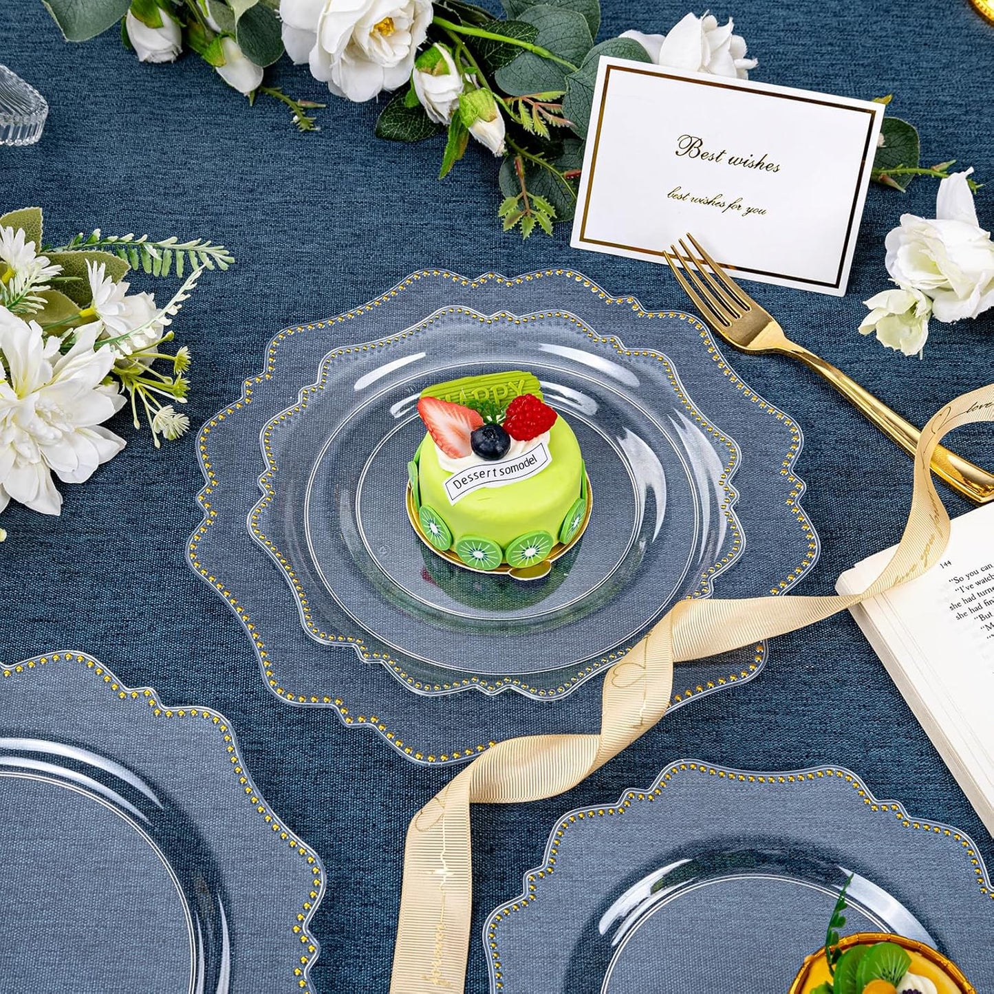 COLOSUS 100pcs Clear and Gold Plastic Plates Disposable Heavy duty Plastic Party Plates set Include 50 dinner plate and 50 dessert/salad plate for party/wedding