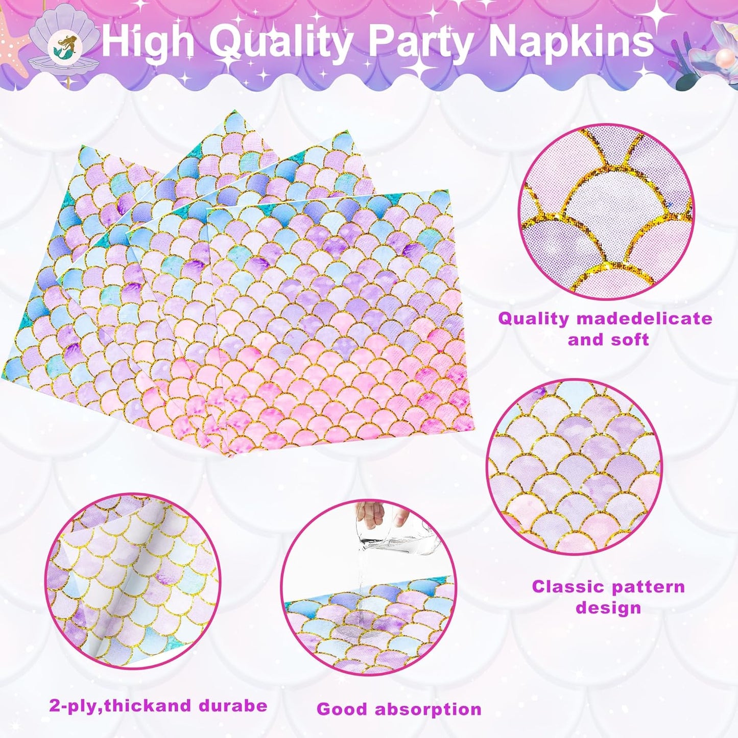 120 Pieces Mermaid Scale Birthday Party Tableware Set - Includes Plates, Napkins, Forks - Ocean Themed Decorations for Girls Party - Ideal for 30 People