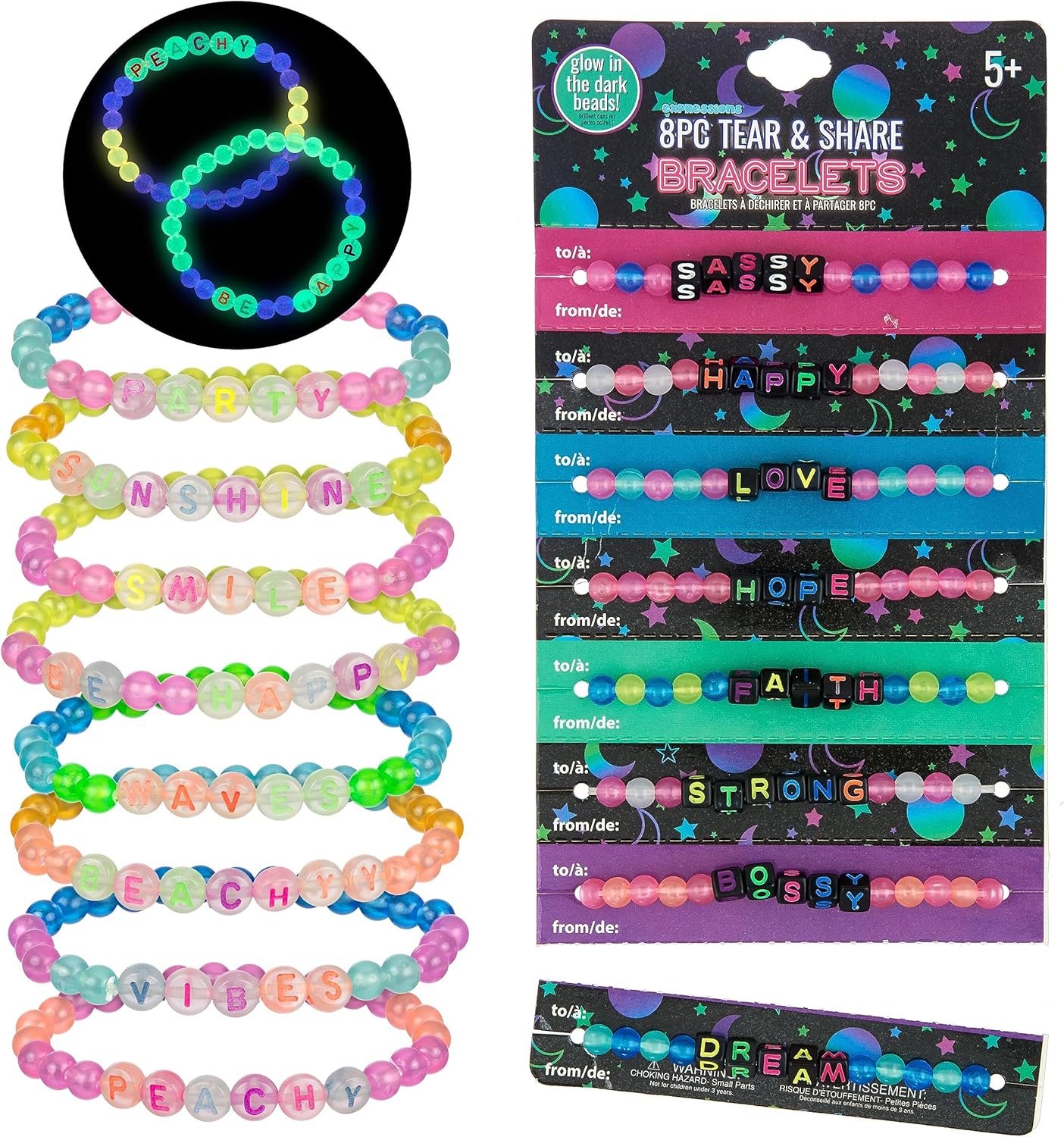 Expressions 16pc Tear & Share Bracelets w/ GLOW IN THE DARK Beads - Novelty Message To Share With Friends, Colorful Letter Beaded Bracelets, Shareable Party Favor Jewelry For Kids And Teens