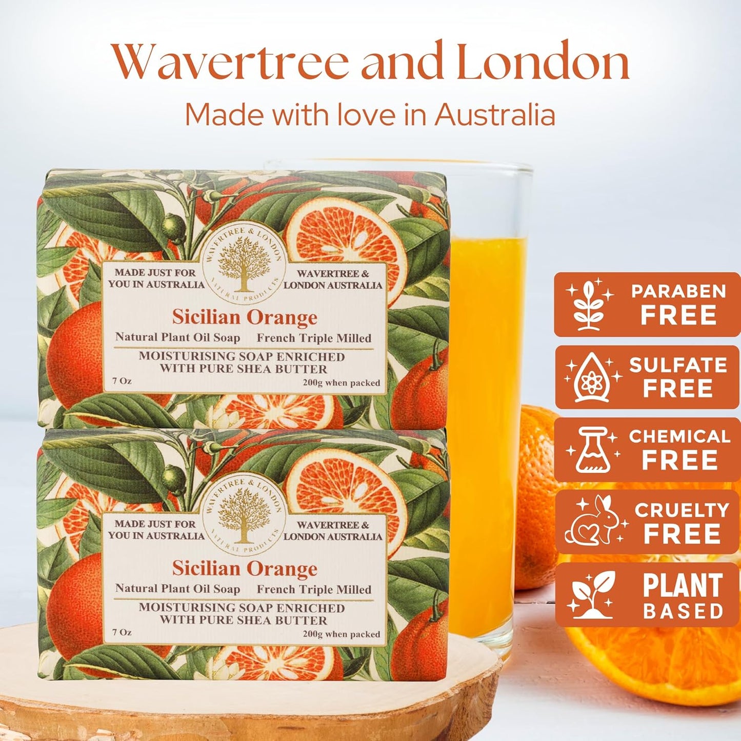 Wavertree & London Sicilian Orange Scented Natural Soap (2 Bars), 7oz Moisturizing French Triple Milled Soap Bars enriched with shea butter - Pure Plant Based Bath & Body Bars for All Skin Types