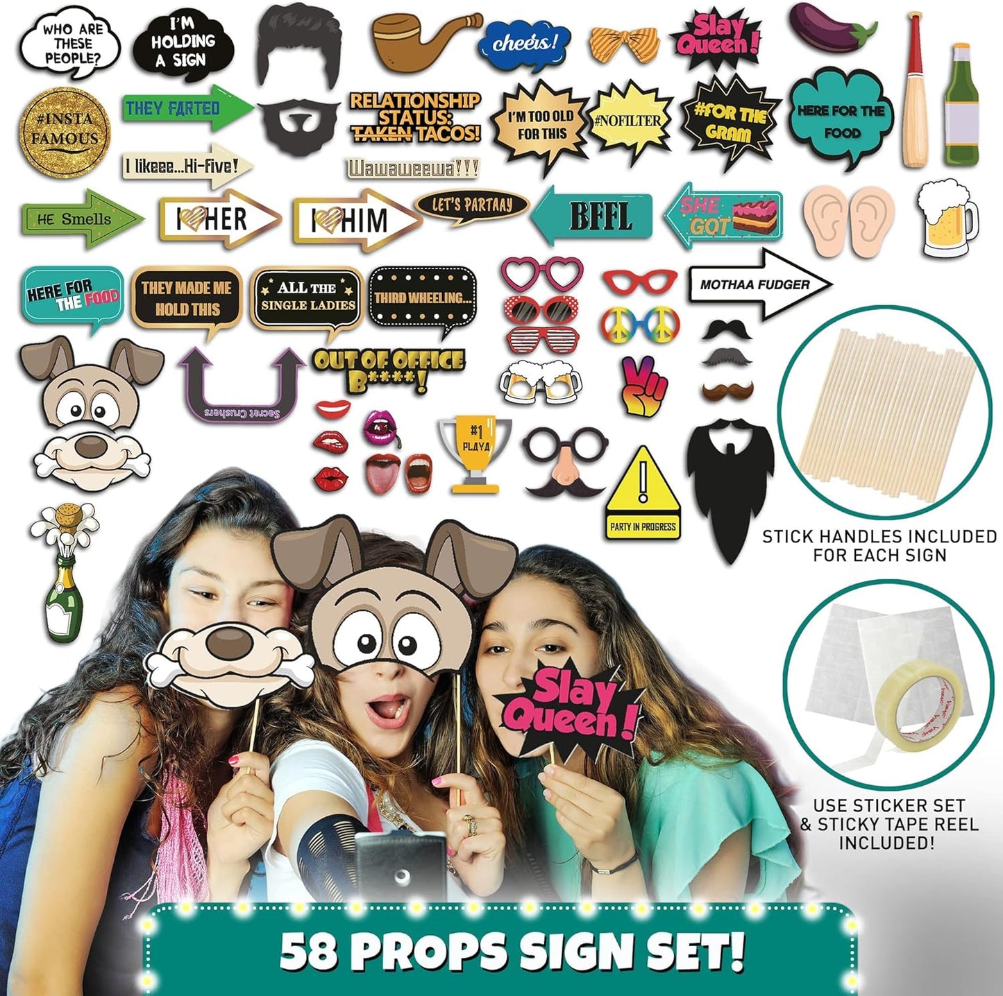 SOUL SHIFT 70 Pc Large Premium Photo Booth Props Set for All Occasions - Wedding Props, Birthday Props, Graduation Prop, Inflatables, Large Glasses, Multi-Colored Wig, Hawaiian Lei, Hand Pump