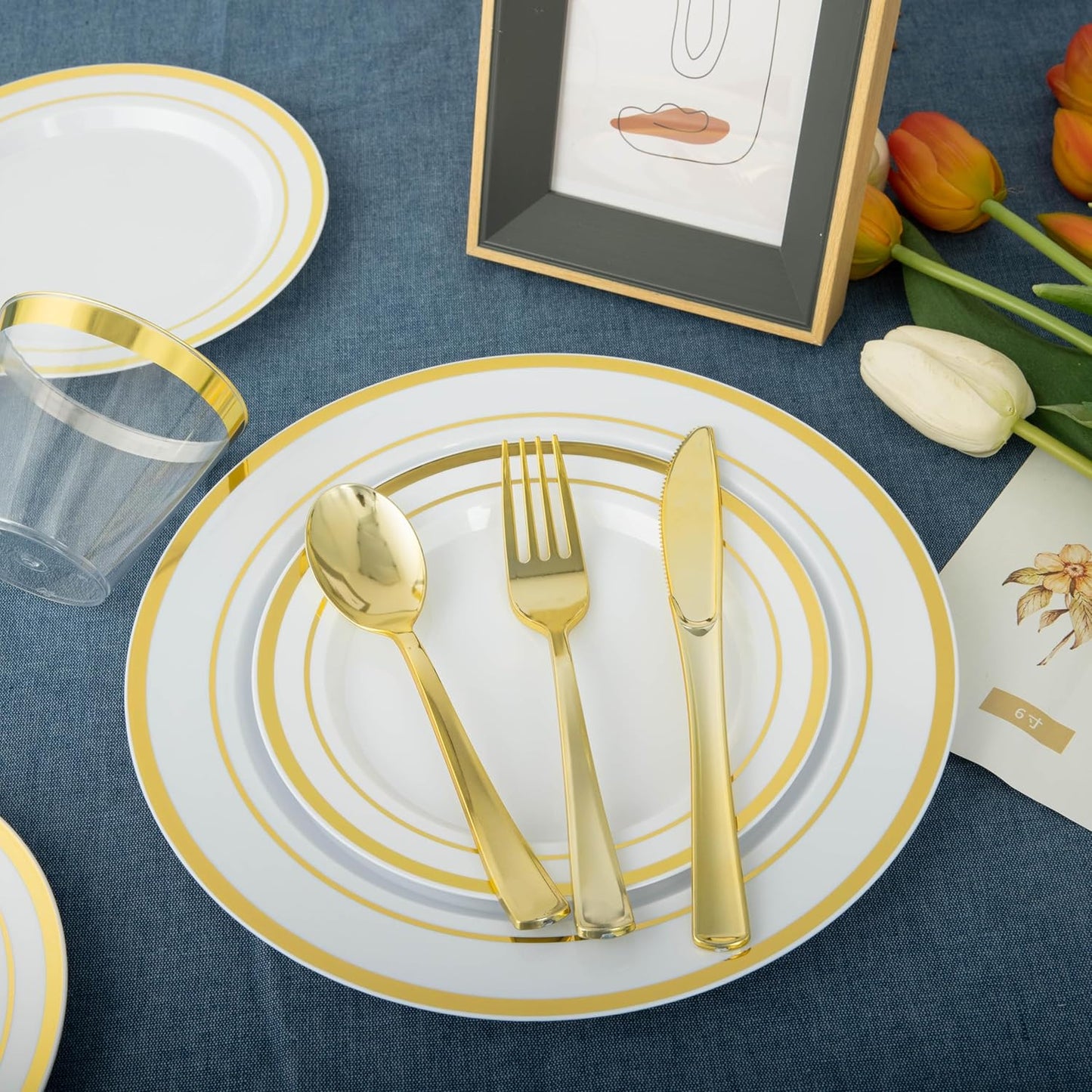 N9R 600PCS Disposable Plastic Plates, Gold Plastic Dinnerware Set Includes 100 Dinner Plates, Dessert Plate, Cups, Spoons, Forks, Knives for 100 Guests, Perfect for Party, Wedding, Birthday
