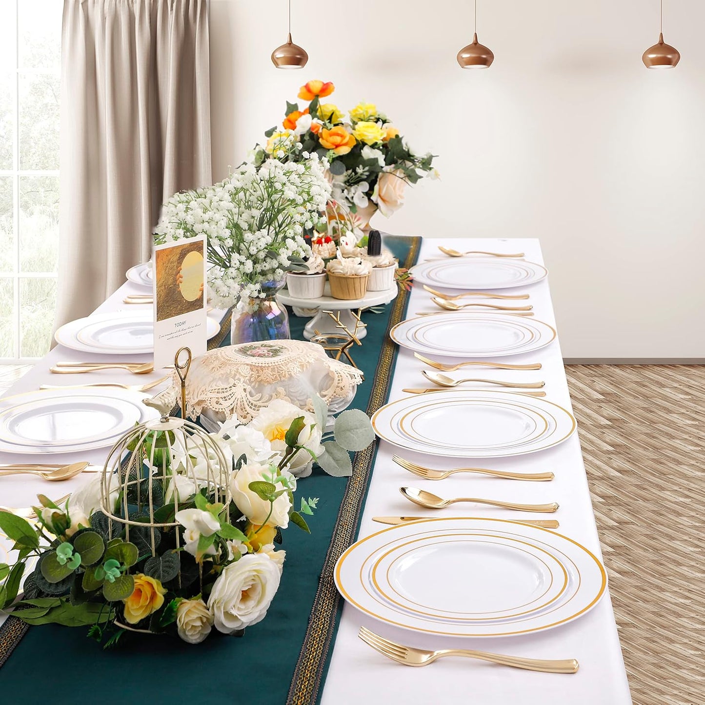 I00000 102 Pieces Gold Plastic Plates, Disposable Party Plates White Gold Rim, 51 Disposable Gold Dinner Plates 10.25 Inch and 51 Disposable Dessert Appetizer Elegant Fancy Wedding Plates 7.5 Inch