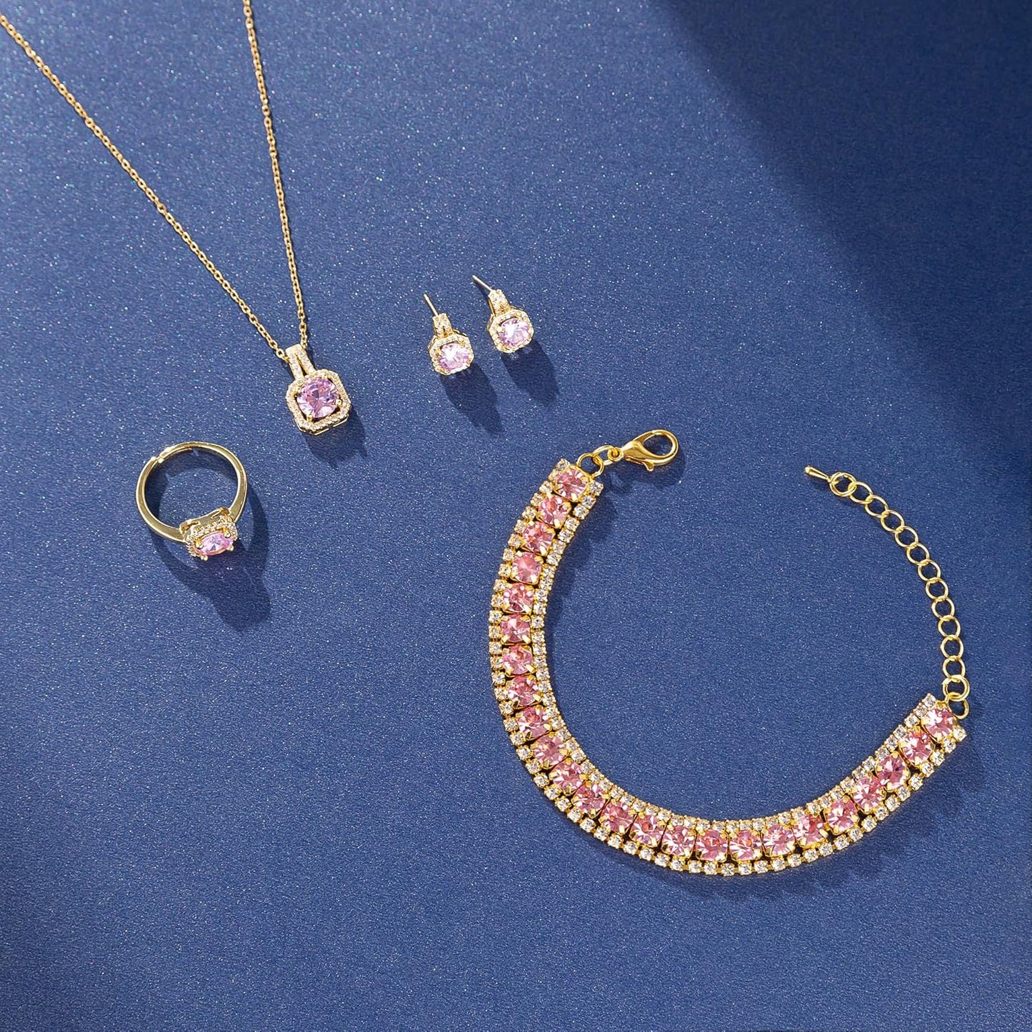 4pcs Cubic Zirconia Wedding Jewelry Sets for Bride Bridesmaid Cubic Zirconia Pendant Necklace Earrings Link Tennis Bracelet Open Ring Set for Women