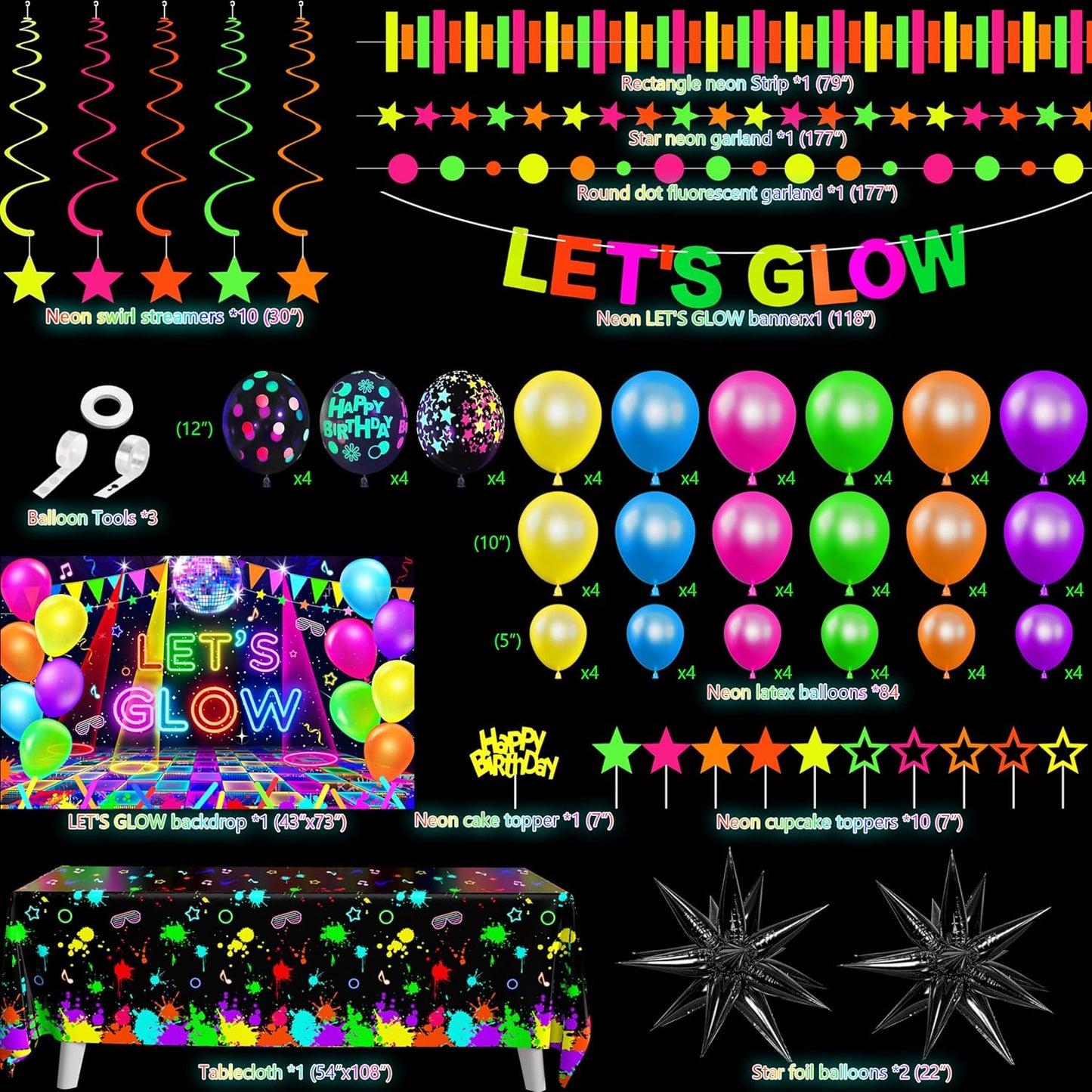 Neon Birthday Party Decoration Glow in The Dark Party Supplies Let's Glow Backdrop Banner Neon Fluorescent Balloons Garland Arch Kit Star Hanging Swirl Black Light Reactive Glow Tape Neon Streamer
