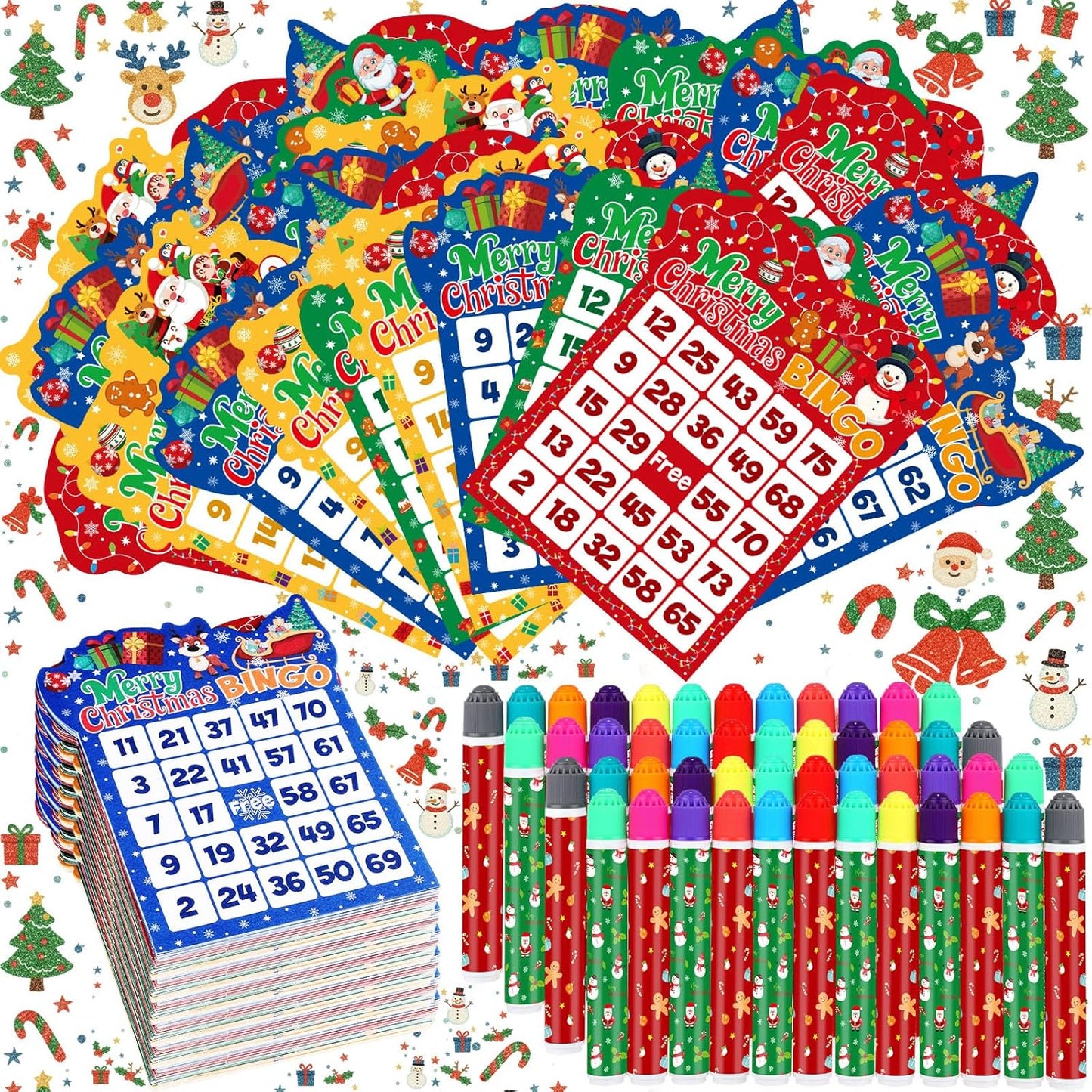 Eersida 192 Pack Christmas Bingo Game Cards and 0.4 oz Dot Daubers Set Includes 144 Bingo Cards and 48 Dot Markers Game Supplies Set for Christmas Supplies Family Casino Play Night Party Favor Gifts