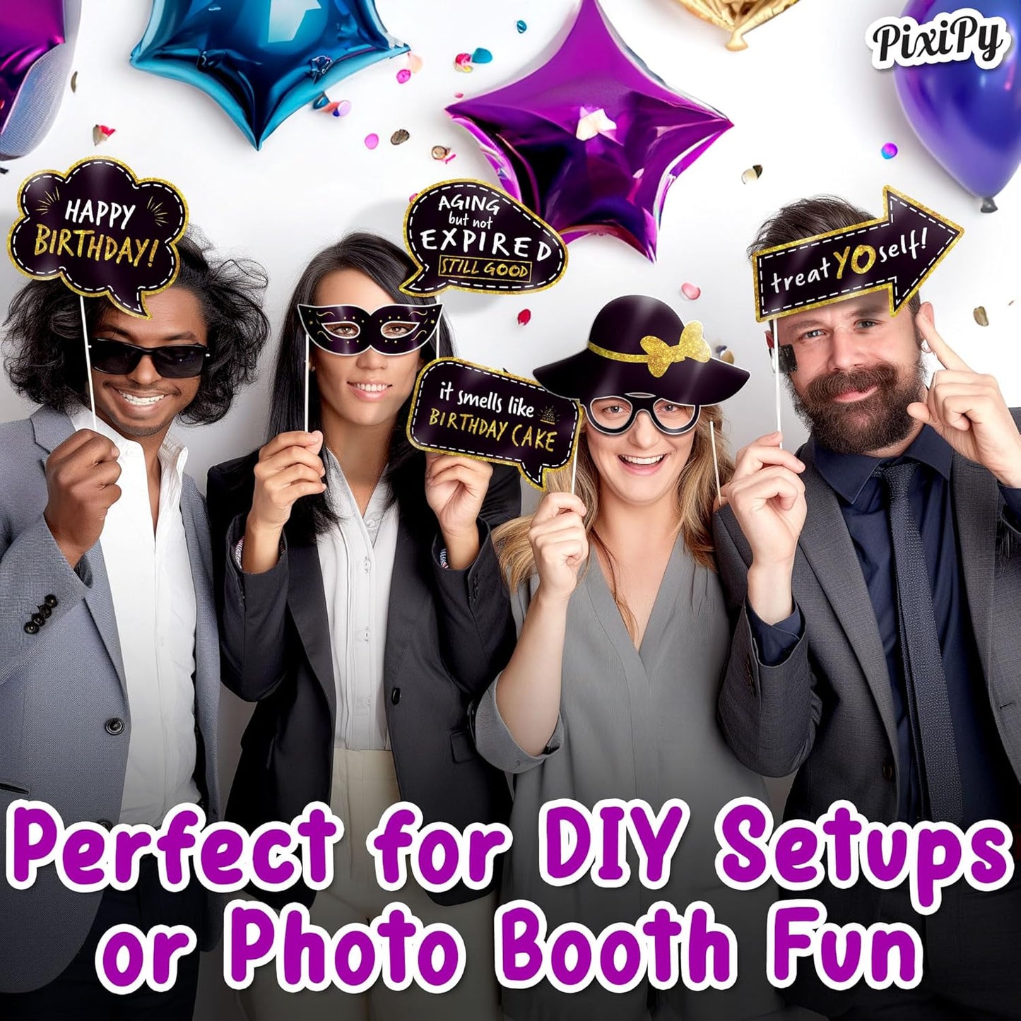Premium Birthday Photo Booth Props Kit - 27 Pieces Black & Gold Party Decorations - Durable & Easy-to-Use Photobooth Props Signs for Memorable Photos - Party Supply Decorations - by PixiPy