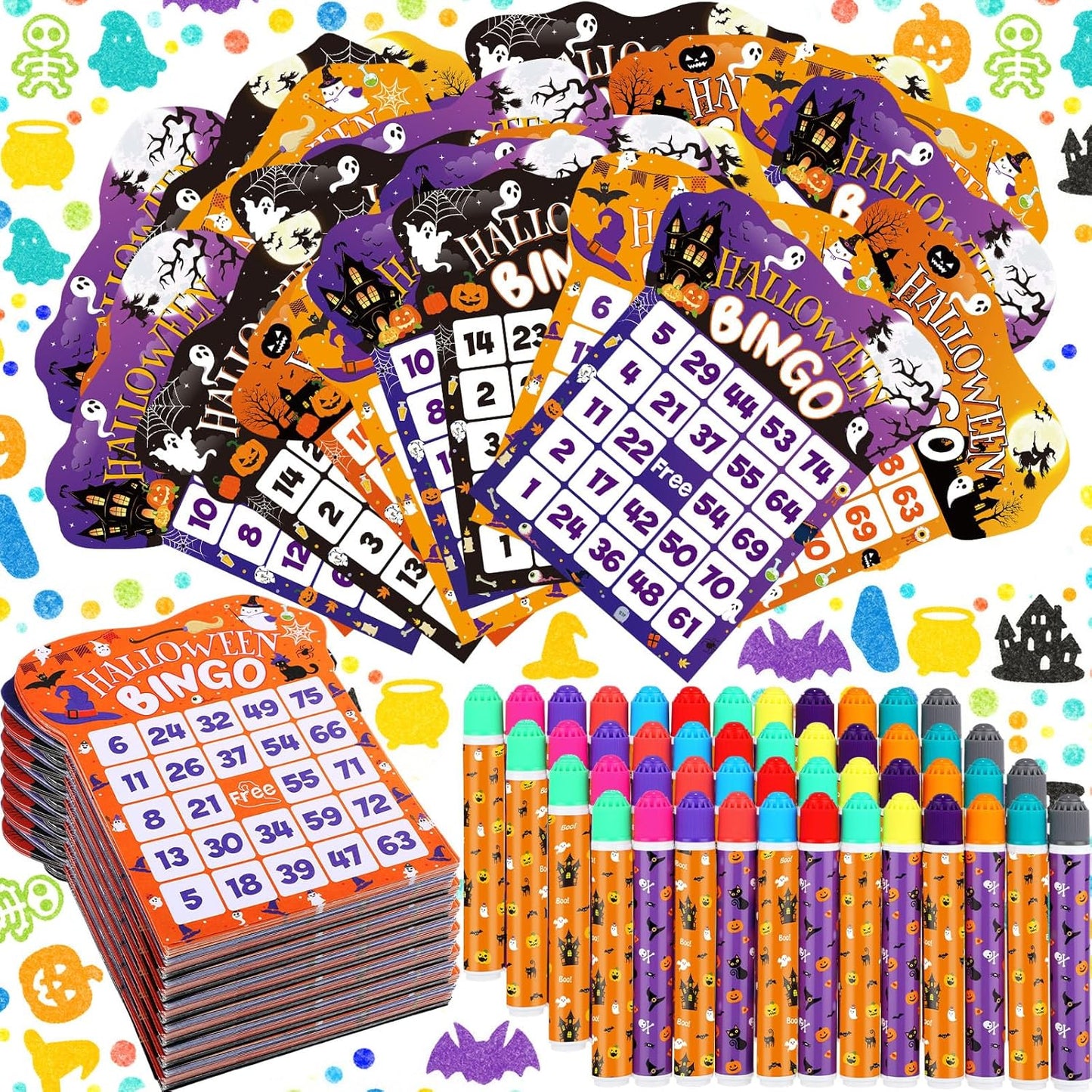 Eersida 192 Pack Halloween Bingo Game Cards and 0.4 oz Dot Daubers Set Includes 144 Bingo Cards and 48 Dot Markers Game Supplies set for Halloween Gifts Party Favor Supplies Family Casino Play Night