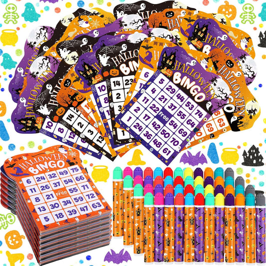 Eersida 192 Pack Halloween Bingo Game Cards and 0.4 oz Dot Daubers Set Includes 144 Bingo Cards and 48 Dot Markers Game Supplies set for Halloween Gifts Party Favor Supplies Family Casino Play Night